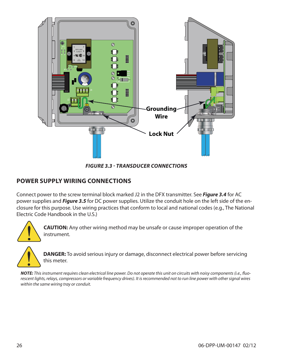 Lock nut grounding wire, Power supply wiring connections, Figure 3.3 - transducer connections | Dynasonics DDFXD Doppler Ultrasonic Flow Meter User Manual | Page 26 / 65