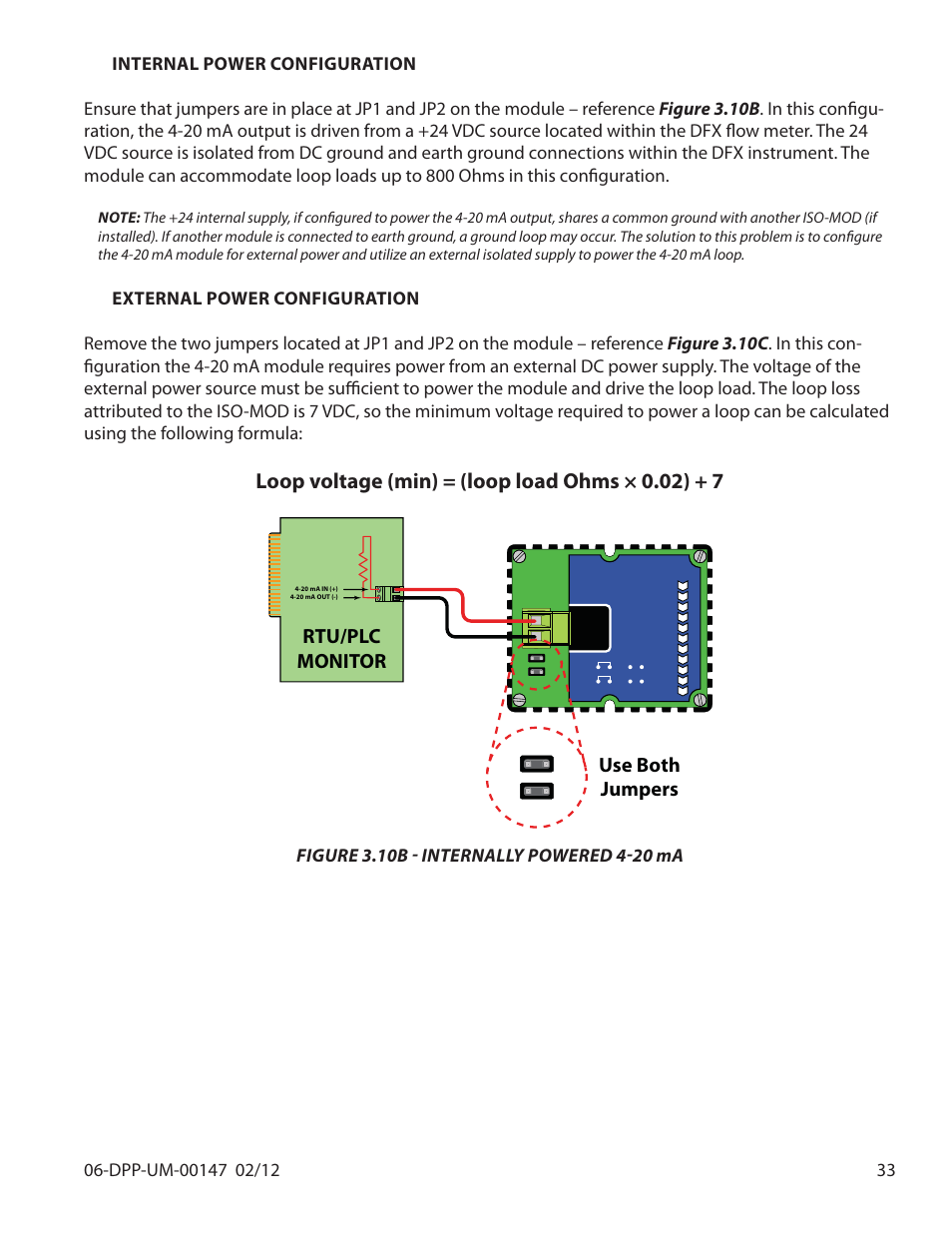 Iso-mod, Loop voltage (min) = (loop load ohms × 0.02) + 7, Use both jumpers rtu/plc monitor | Dynasonics DDFXD Doppler Ultrasonic Flow Meter User Manual | Page 33 / 65