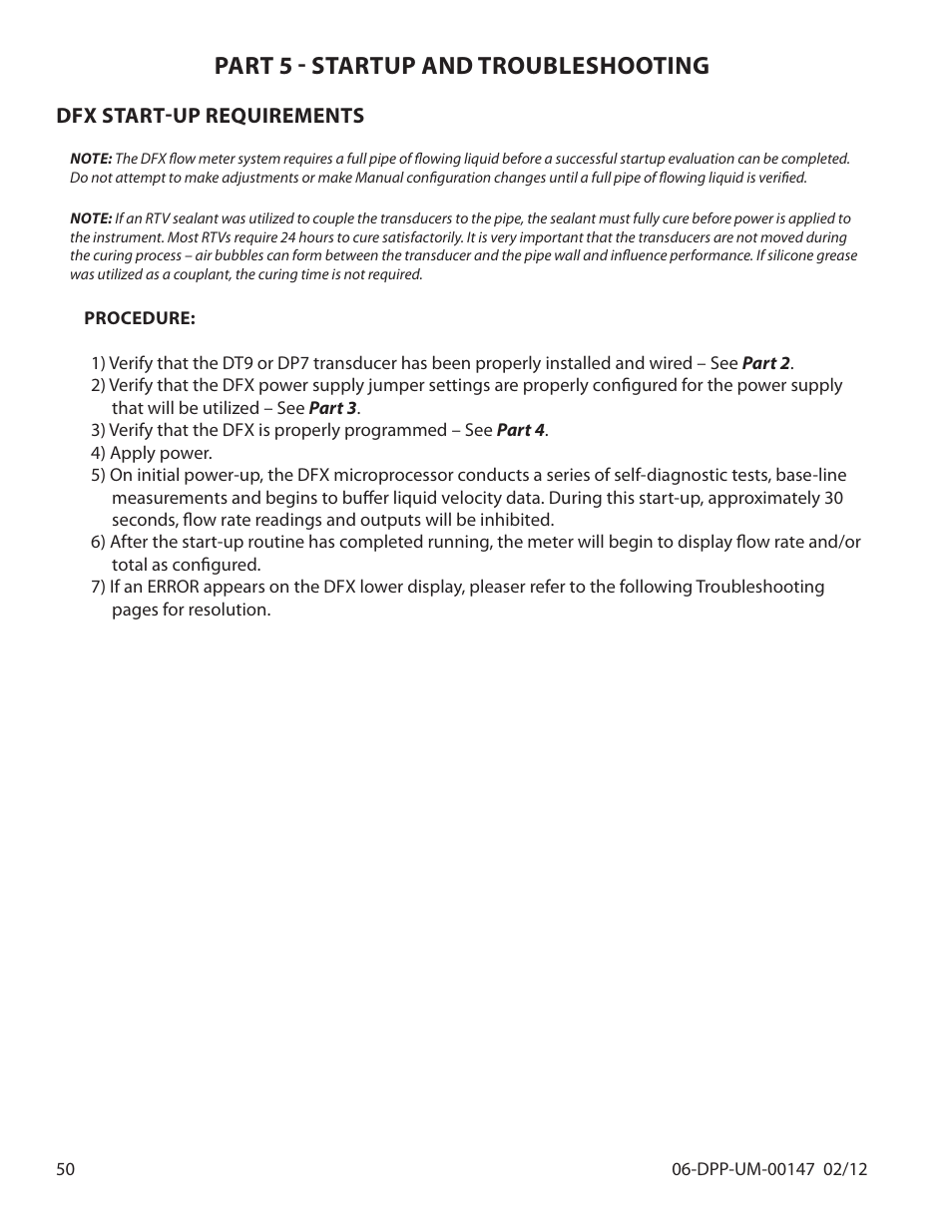 Part 5 - startup and troubleshooting | Dynasonics DDFXD Doppler Ultrasonic Flow Meter User Manual | Page 50 / 65