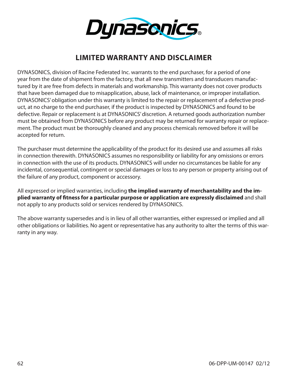 Limited warranty and disclaimer | Dynasonics DDFXD Doppler Ultrasonic Flow Meter User Manual | Page 62 / 65