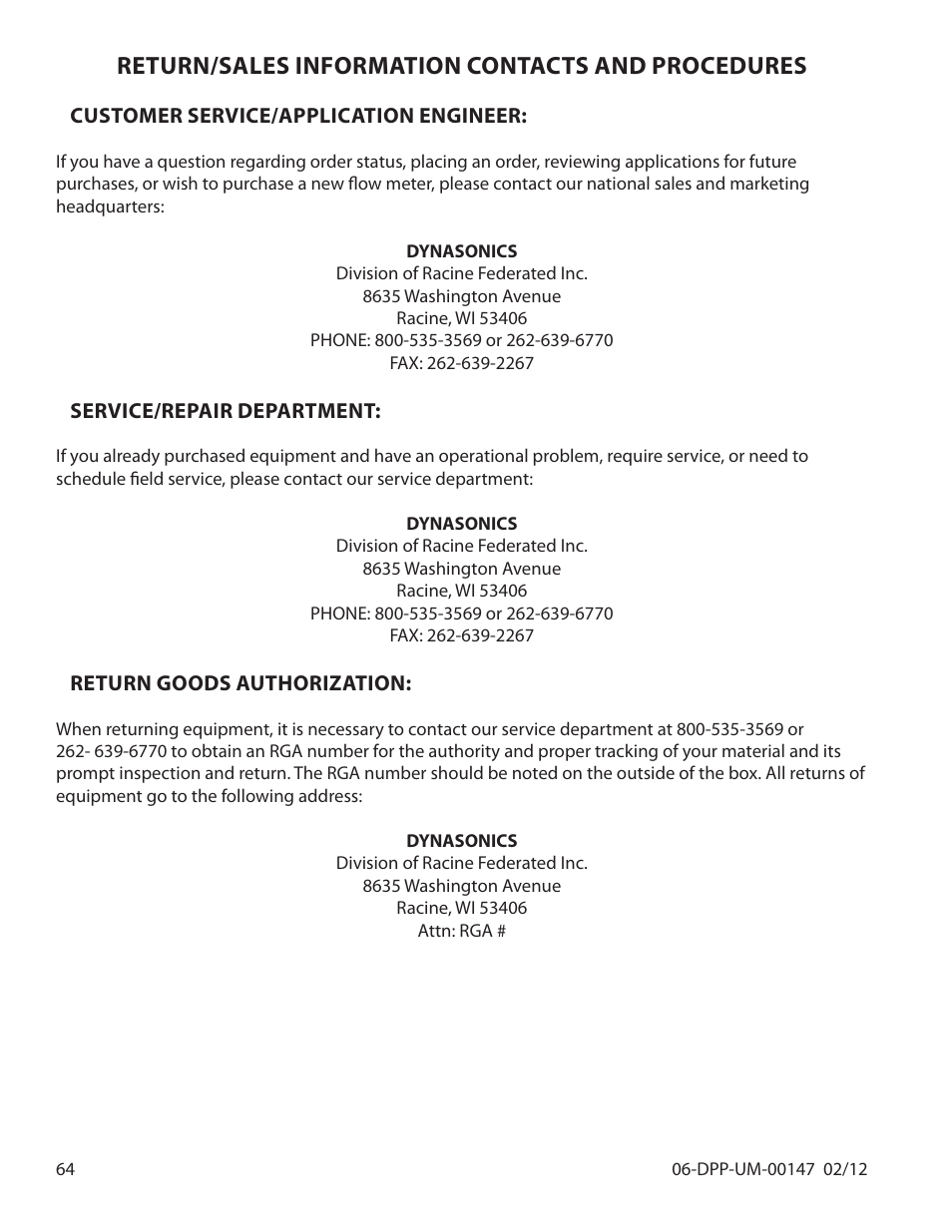 Return/sales information contacts and procedures | Dynasonics DDFXD Doppler Ultrasonic Flow Meter User Manual | Page 64 / 65