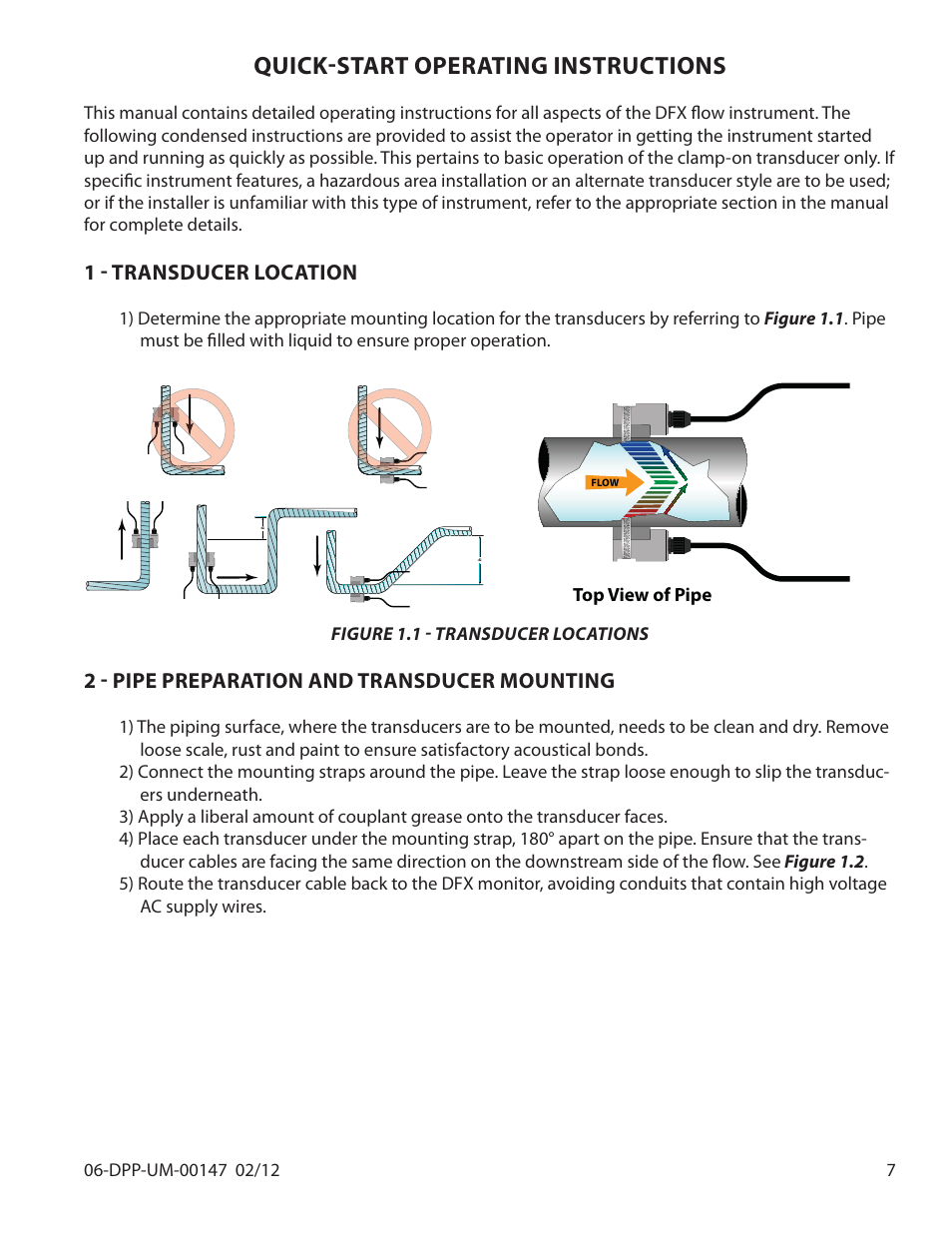 Quick-start operating instructions, 1 - transducer location, 2 - pipe preparation and transducer mounting | Dynasonics DDFXD Doppler Ultrasonic Flow Meter User Manual | Page 7 / 65