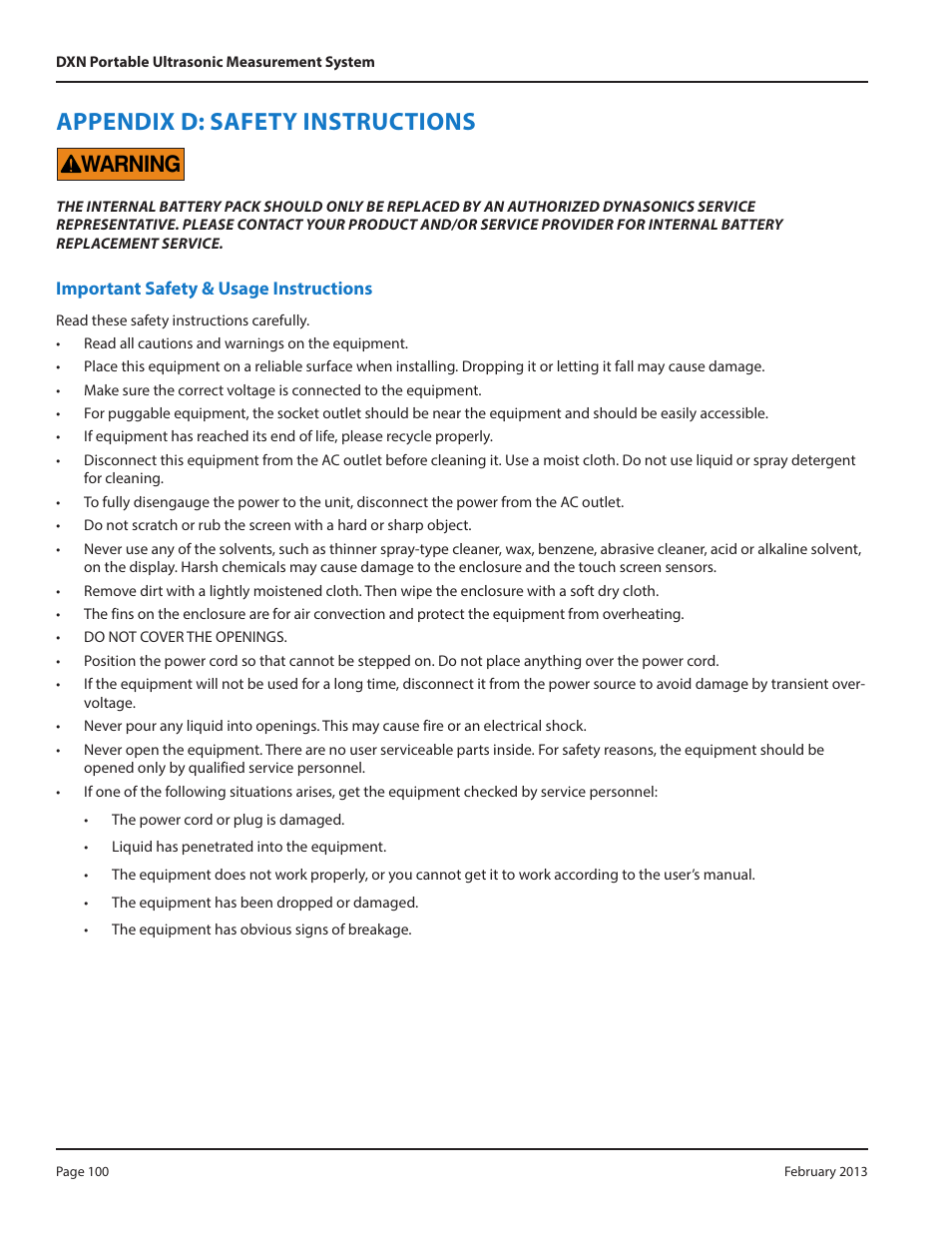 Appendix d: safety instructions, Warning | Dynasonics DXN Portable Ultrasonic Measurement System User Manual | Page 100 / 108