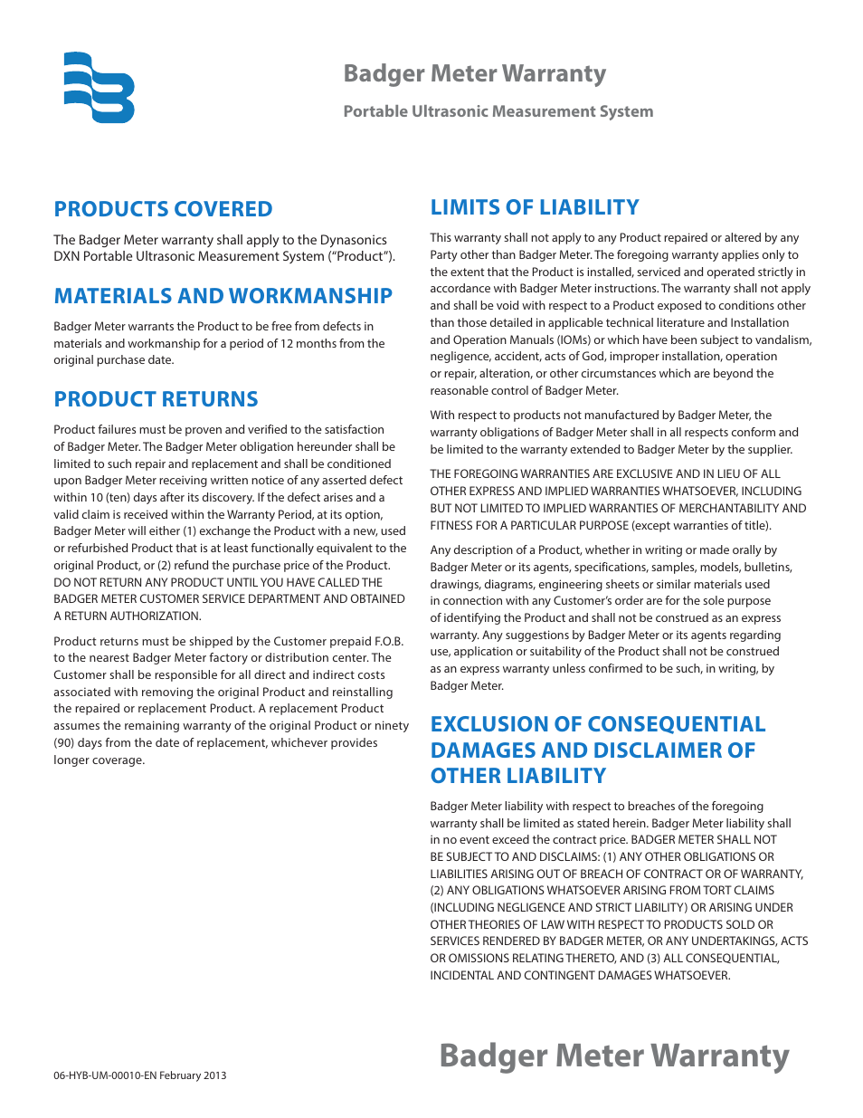 Badger meter warranty, Badger meter, Products covered | Materials and workmanship, Product returns, Limits of liability | Dynasonics DXN Portable Ultrasonic Measurement System User Manual | Page 107 / 108