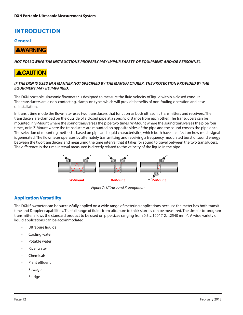 Introduction, Warning, Caution | General, Application versatility | Dynasonics DXN Portable Ultrasonic Measurement System User Manual | Page 12 / 108