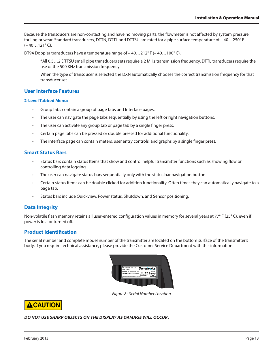 Caution, User interface features, Smart status bars | Data integrity, Product identification | Dynasonics DXN Portable Ultrasonic Measurement System User Manual | Page 13 / 108
