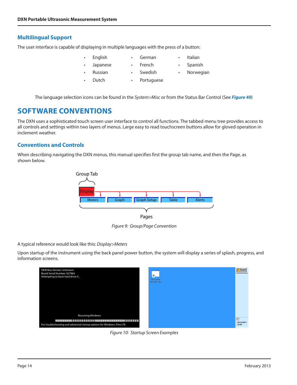 Software conventions, Multilingual support, Conventions and controls | Dynasonics DXN Portable Ultrasonic Measurement System User Manual | Page 14 / 108