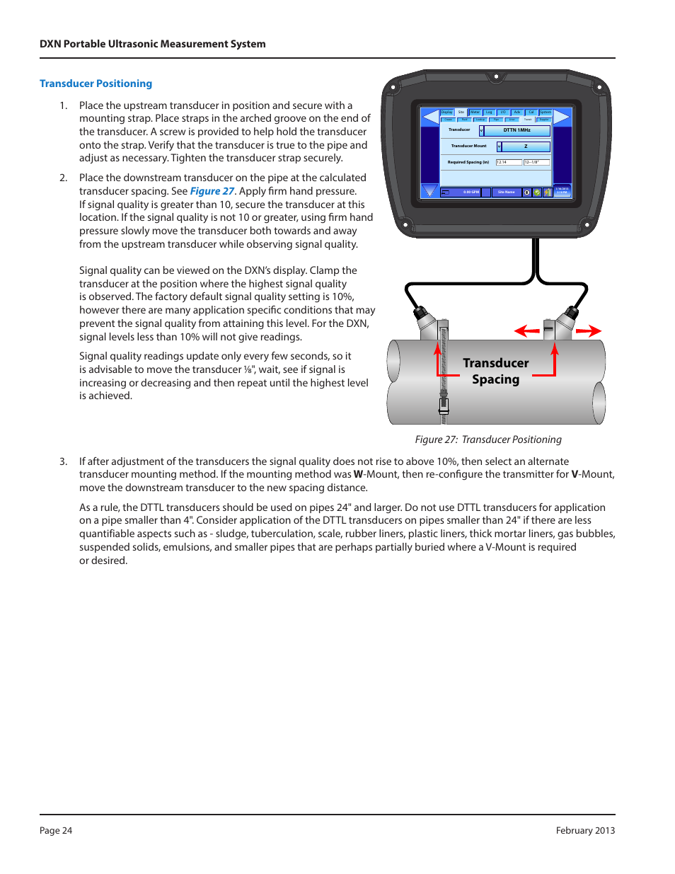 Transducer spacing, Dxn portable ultrasonic measurement system | Dynasonics DXN Portable Ultrasonic Measurement System User Manual | Page 24 / 108