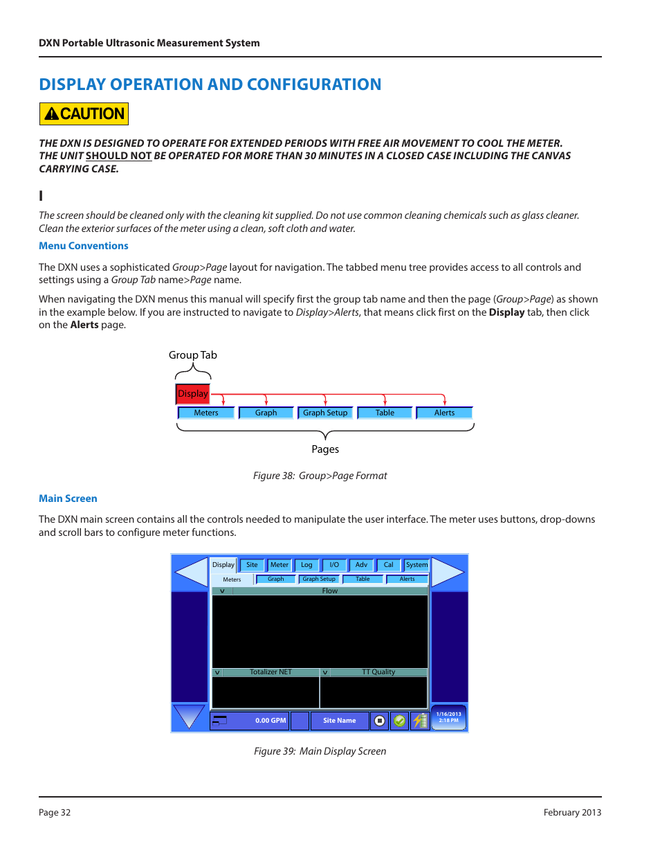 Display operation and configuration, Caution, Imnootno i | Dynasonics DXN Portable Ultrasonic Measurement System User Manual | Page 32 / 108