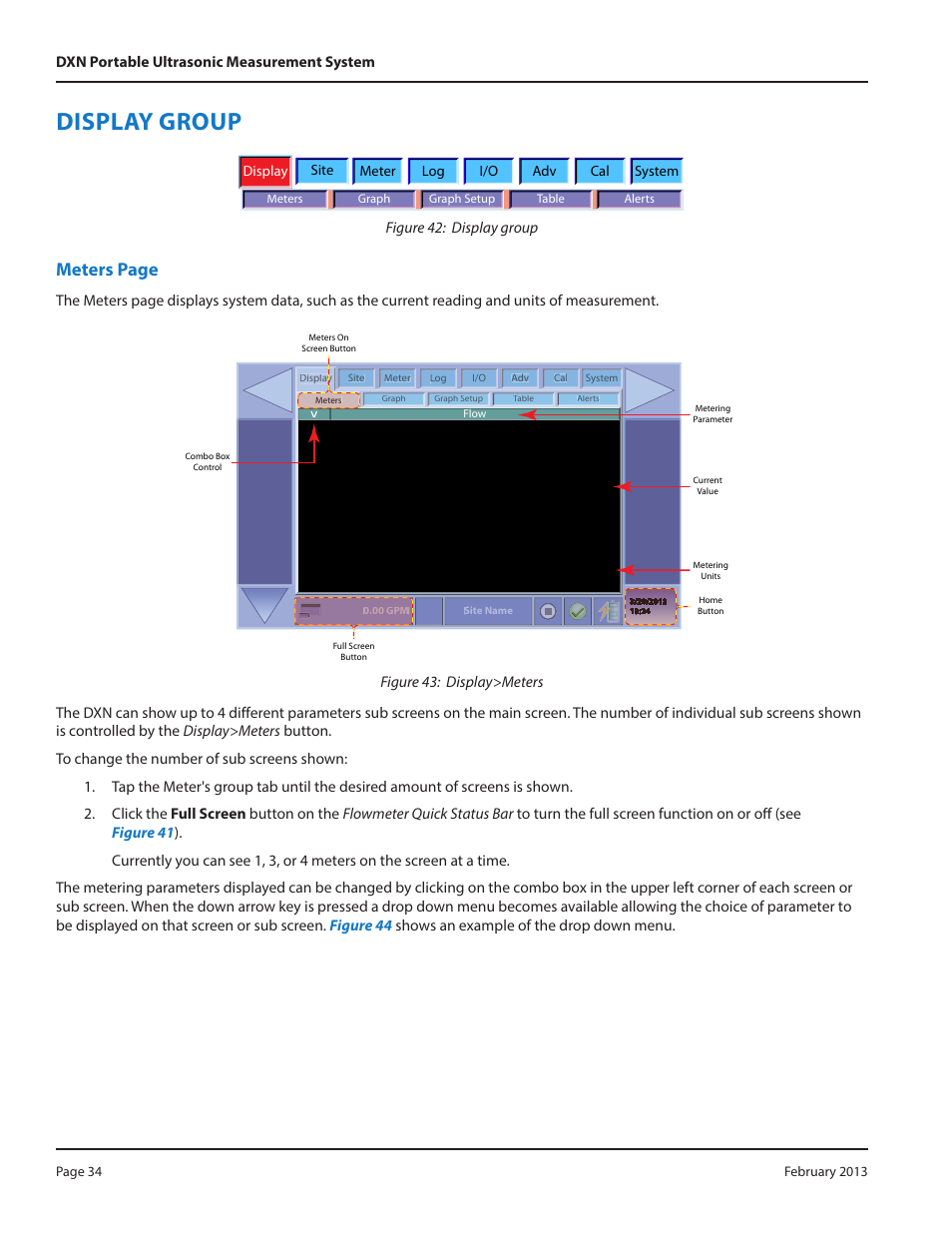 Display group, Meters page | Dynasonics DXN Portable Ultrasonic Measurement System User Manual | Page 34 / 108