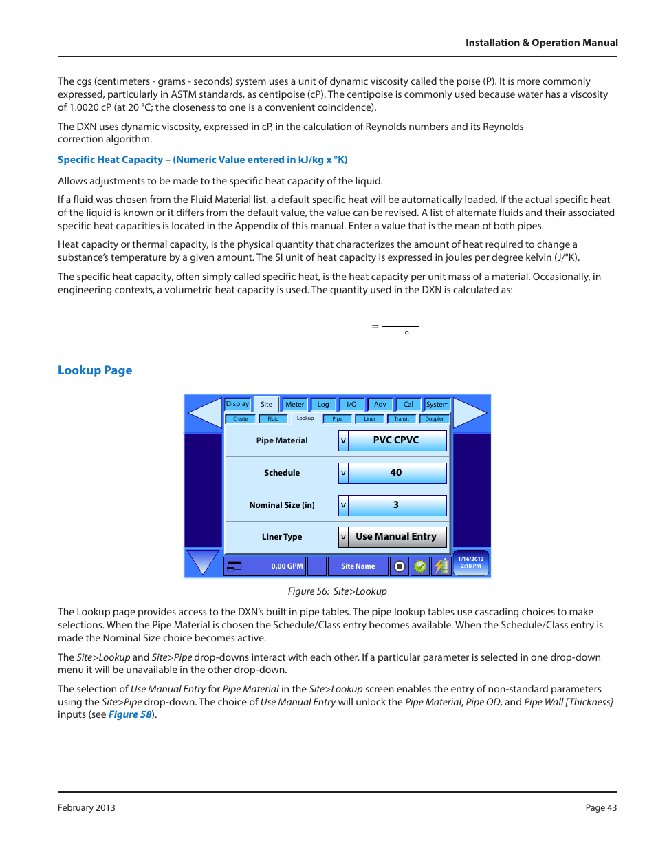 Lookup page, Specific heat capacity kj kg x k | Dynasonics DXN Portable Ultrasonic Measurement System User Manual | Page 43 / 108
