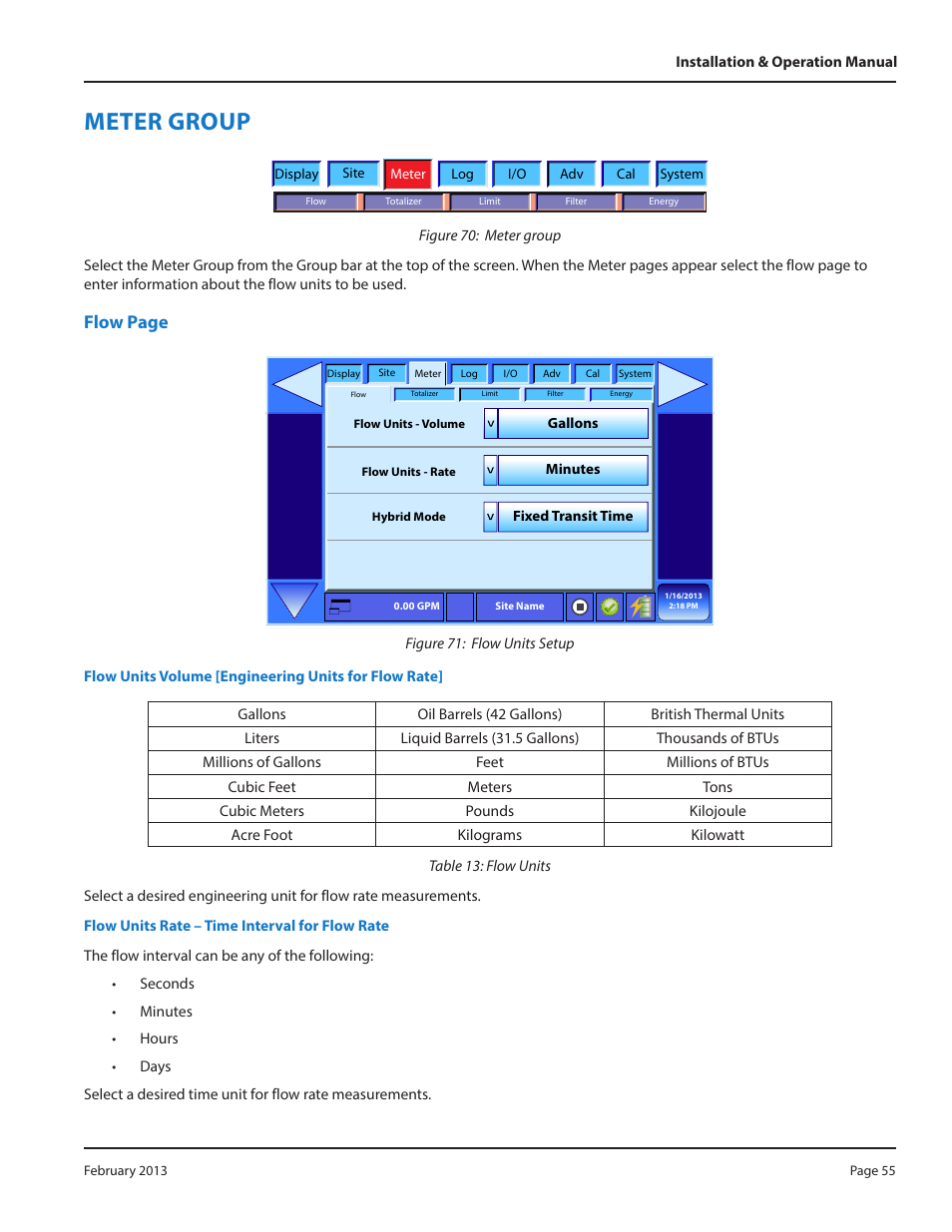 Meter group, Flow page | Dynasonics DXN Portable Ultrasonic Measurement System User Manual | Page 55 / 108