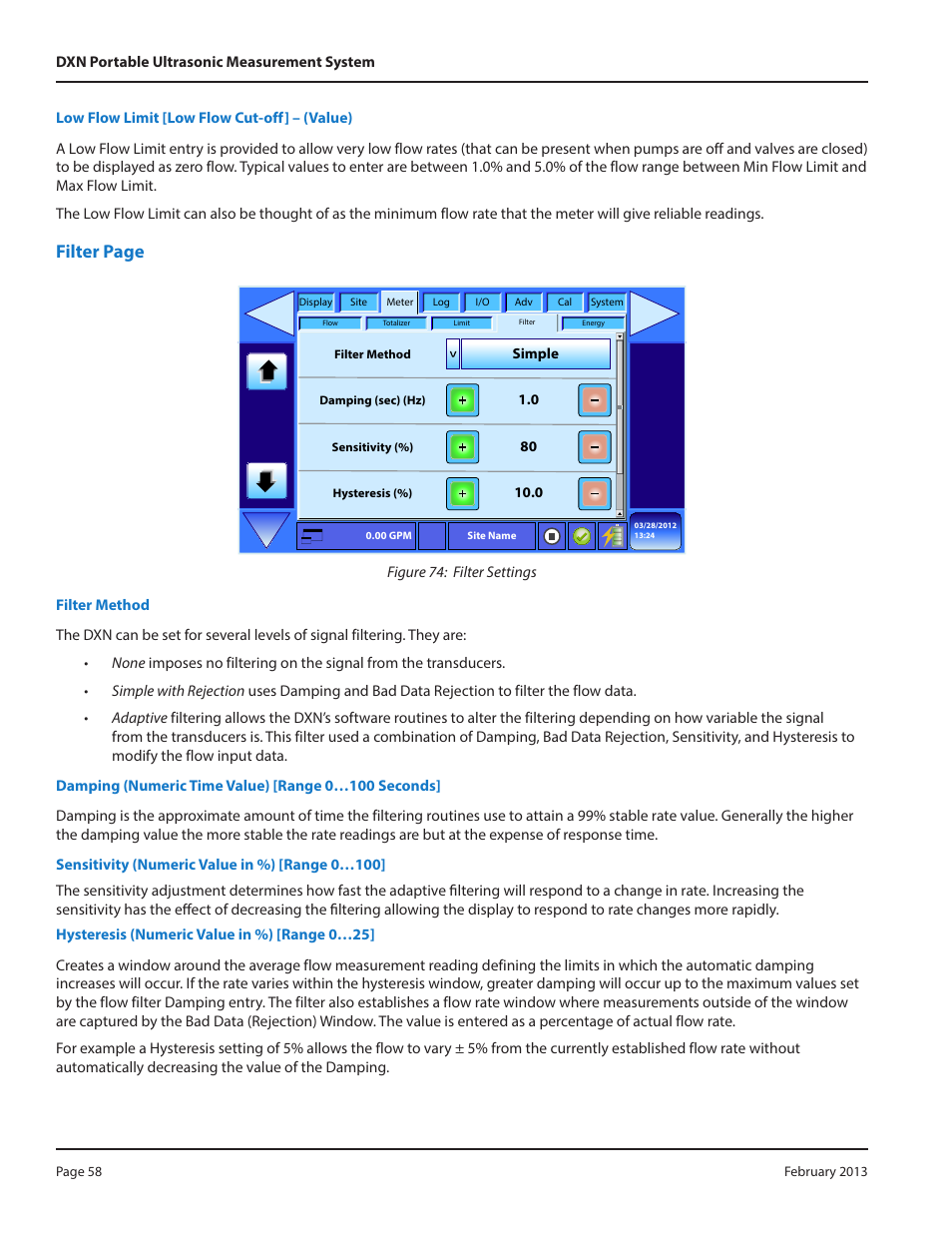 Filter page | Dynasonics DXN Portable Ultrasonic Measurement System User Manual | Page 58 / 108