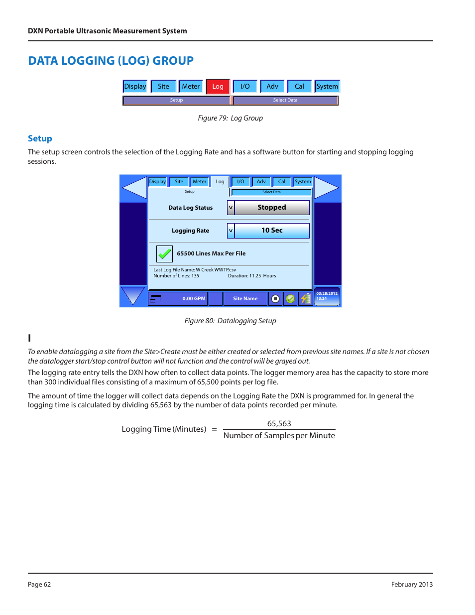Data logging (log) group, Imnootno i, Setup | Dynasonics DXN Portable Ultrasonic Measurement System User Manual | Page 62 / 108
