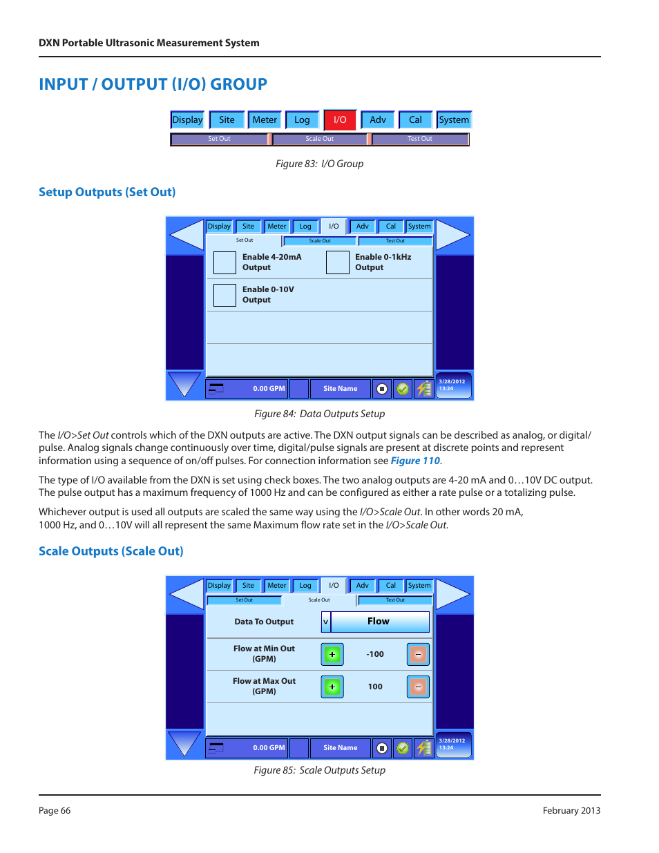 Input / output (i/o) group, Setup outputs (set out), Scale outputs (scale out) | Dynasonics DXN Portable Ultrasonic Measurement System User Manual | Page 66 / 108