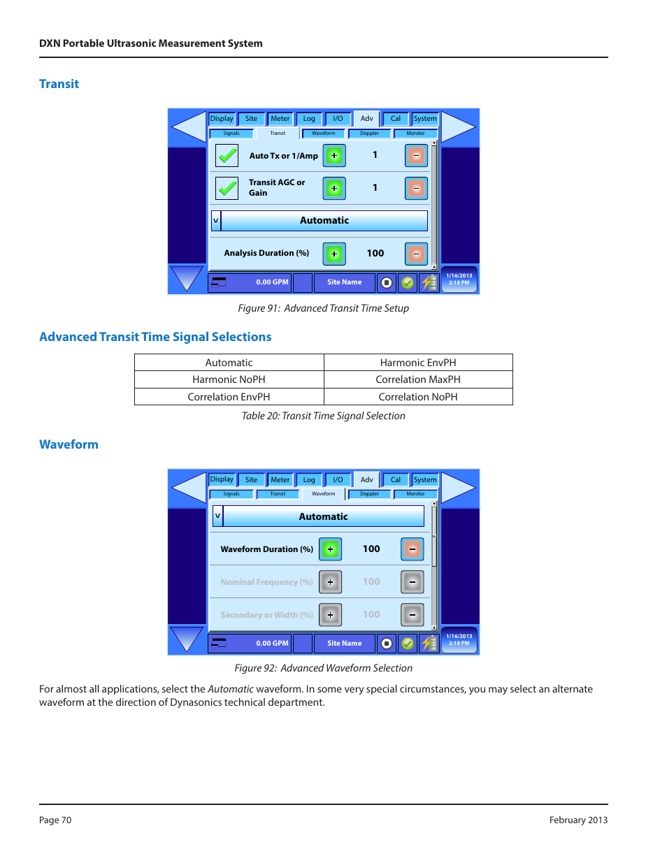 Transit, Advanced transit time signal selections, Waveform | Figure 91: advanced transit time setup | Dynasonics DXN Portable Ultrasonic Measurement System User Manual | Page 70 / 108
