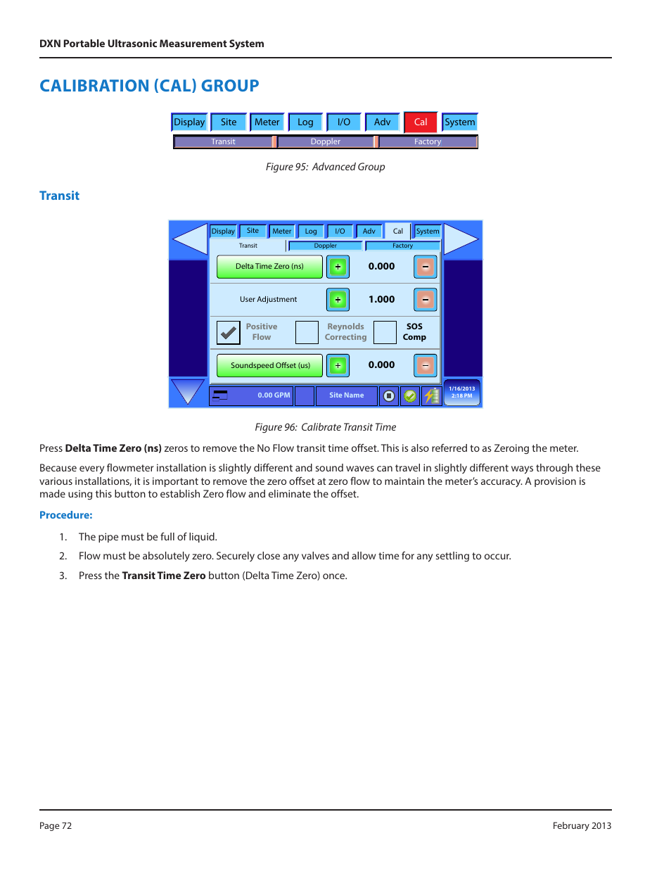 Calibration (cal) group, Transit | Dynasonics DXN Portable Ultrasonic Measurement System User Manual | Page 72 / 108