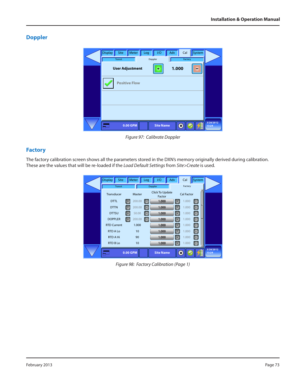 Doppler, Factory, Figure 97: calibrate doppler | Dynasonics DXN Portable Ultrasonic Measurement System User Manual | Page 73 / 108