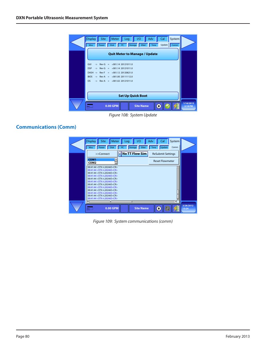 Communications (comm), Figure 108: system update | Dynasonics DXN Portable Ultrasonic Measurement System User Manual | Page 80 / 108