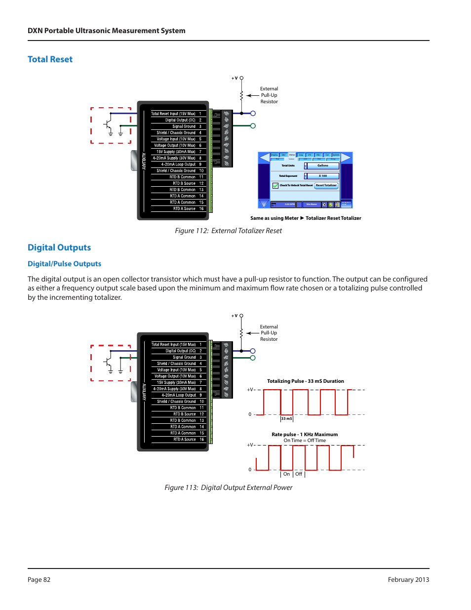 Total reset, Digital outputs, Figure 112: external totalizer reset | Dynasonics DXN Portable Ultrasonic Measurement System User Manual | Page 82 / 108