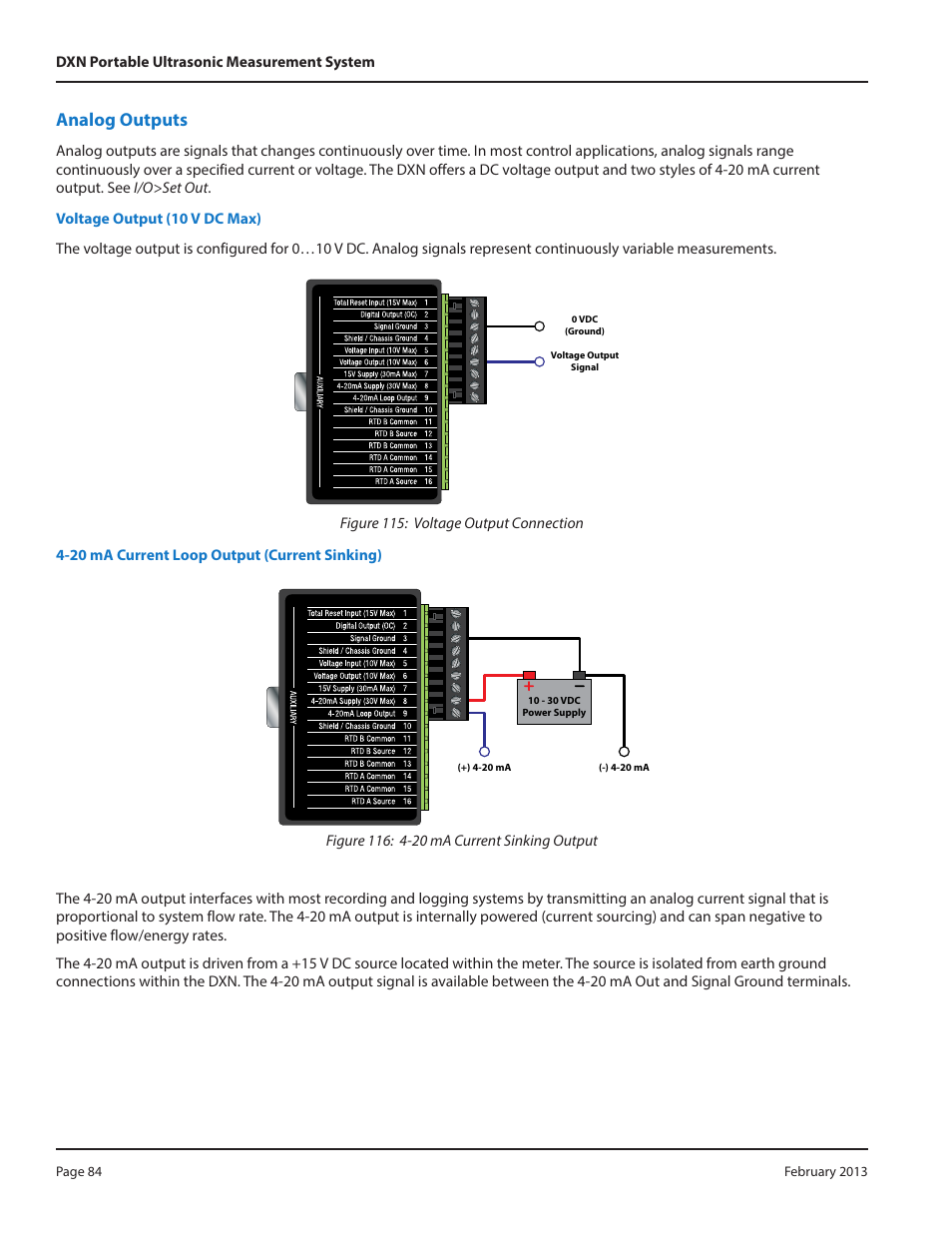 Analog outputs | Dynasonics DXN Portable Ultrasonic Measurement System User Manual | Page 84 / 108