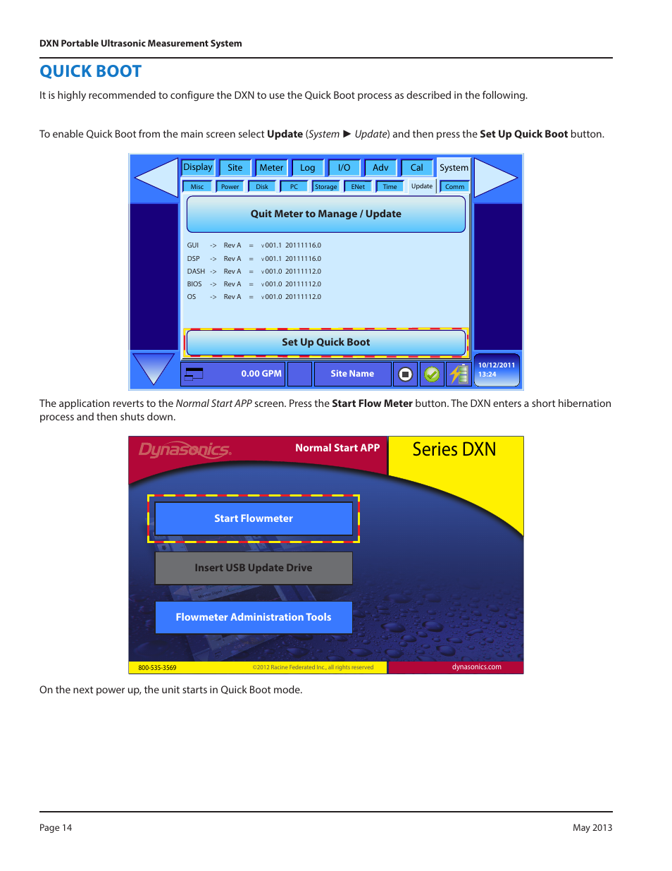 Quick boot, Series dxn | Dynasonics DXN Portable Ultrasonic Measurement System Firmware Update User Manual | Page 14 / 16
