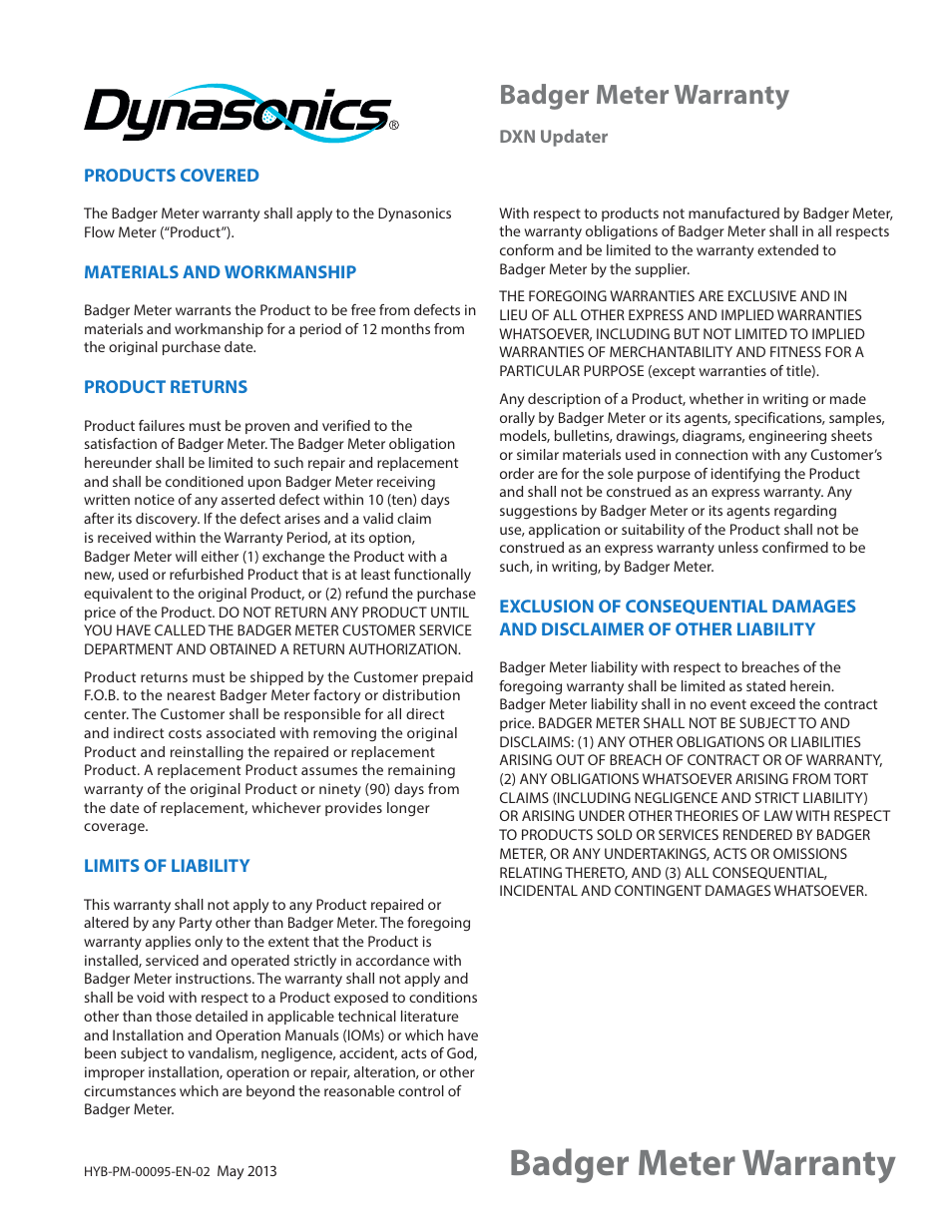 Badger meter warranty | Dynasonics DXN Portable Ultrasonic Measurement System Firmware Update User Manual | Page 15 / 16