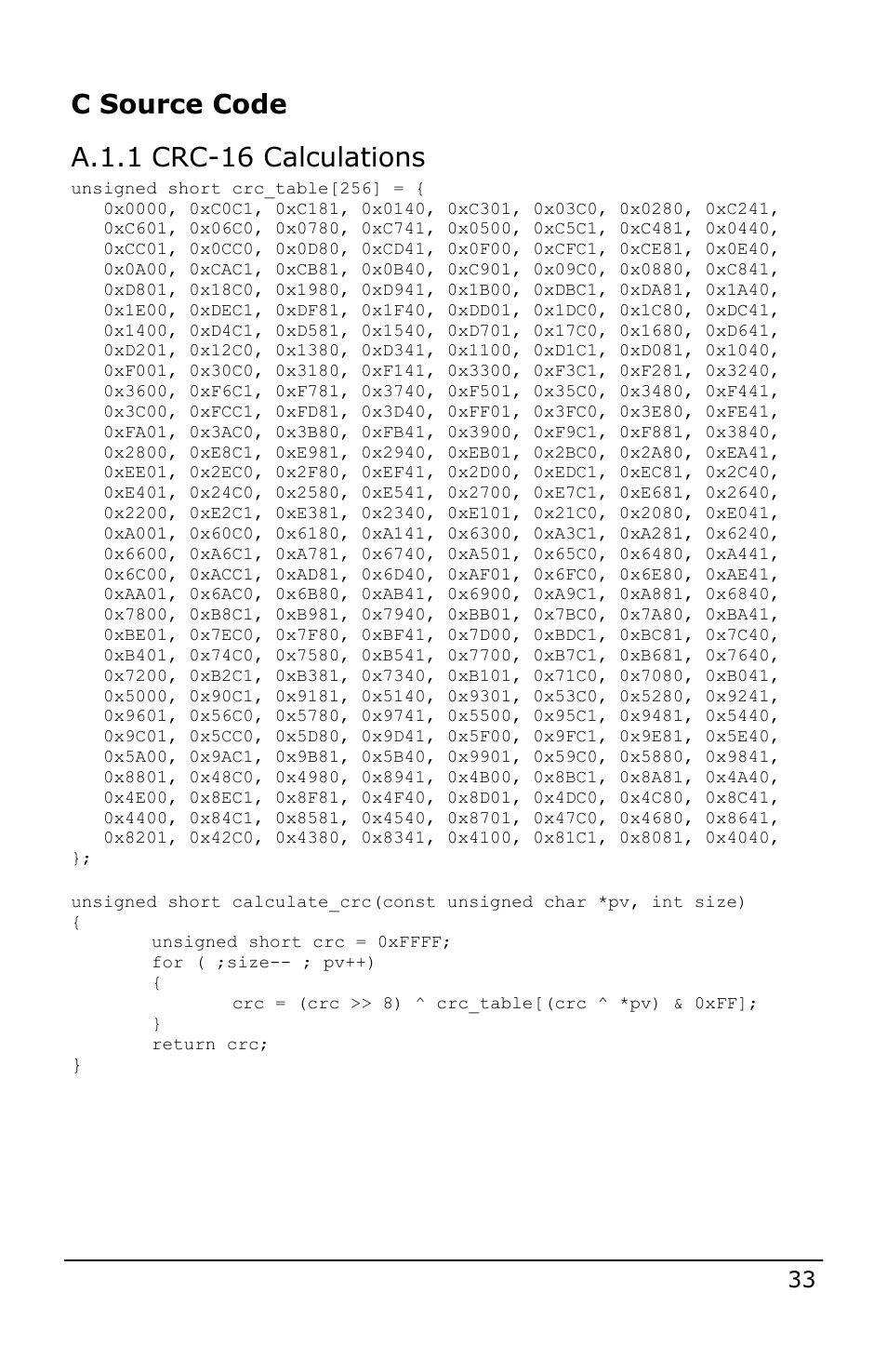 C source code a.1.1 crc-16 calculations | Dynasonics Fusion Water Flow Meter User Manual | Page 33 / 48