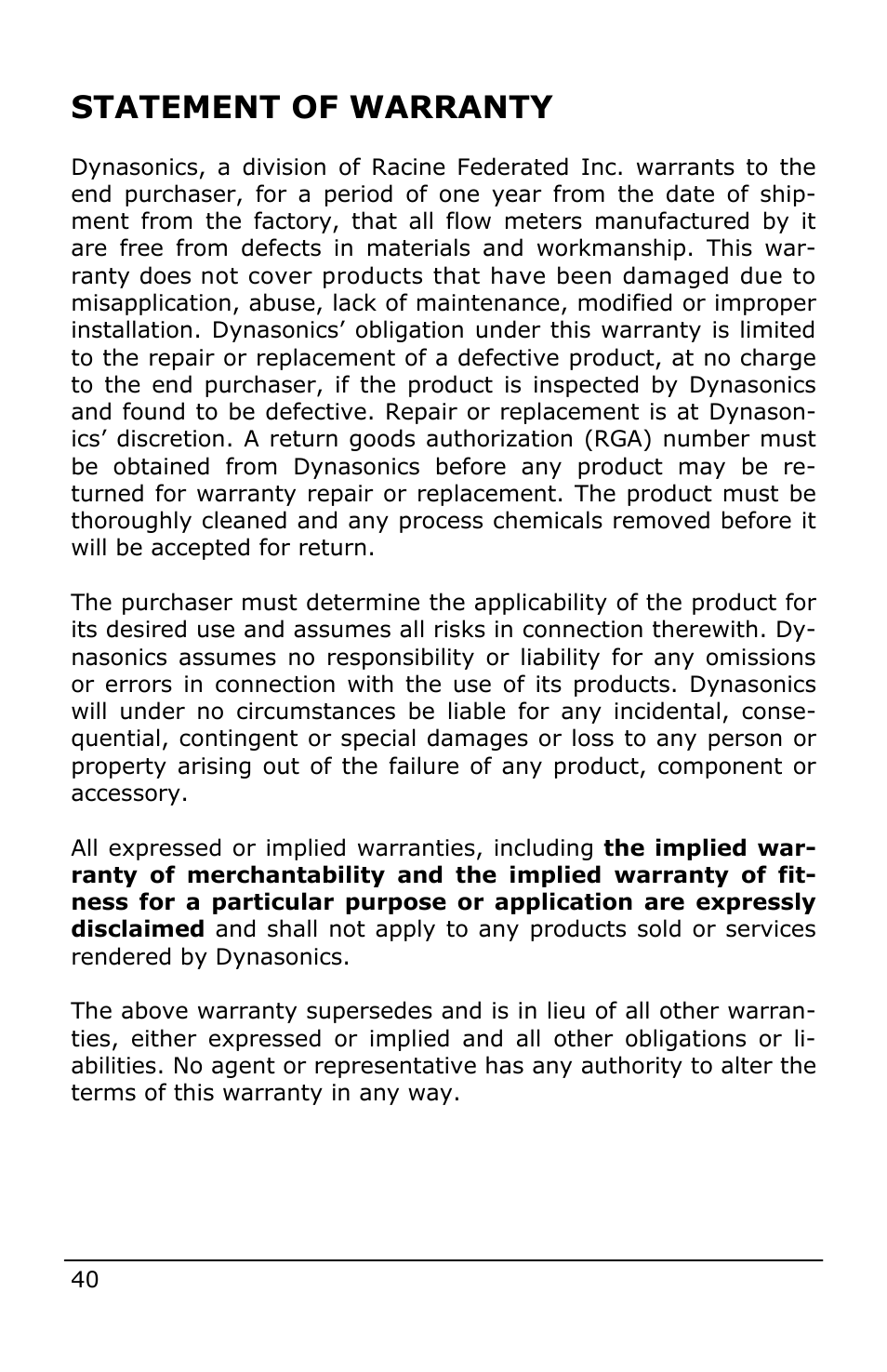 Statement of warranty | Dynasonics Fusion Water Flow Meter User Manual | Page 40 / 48