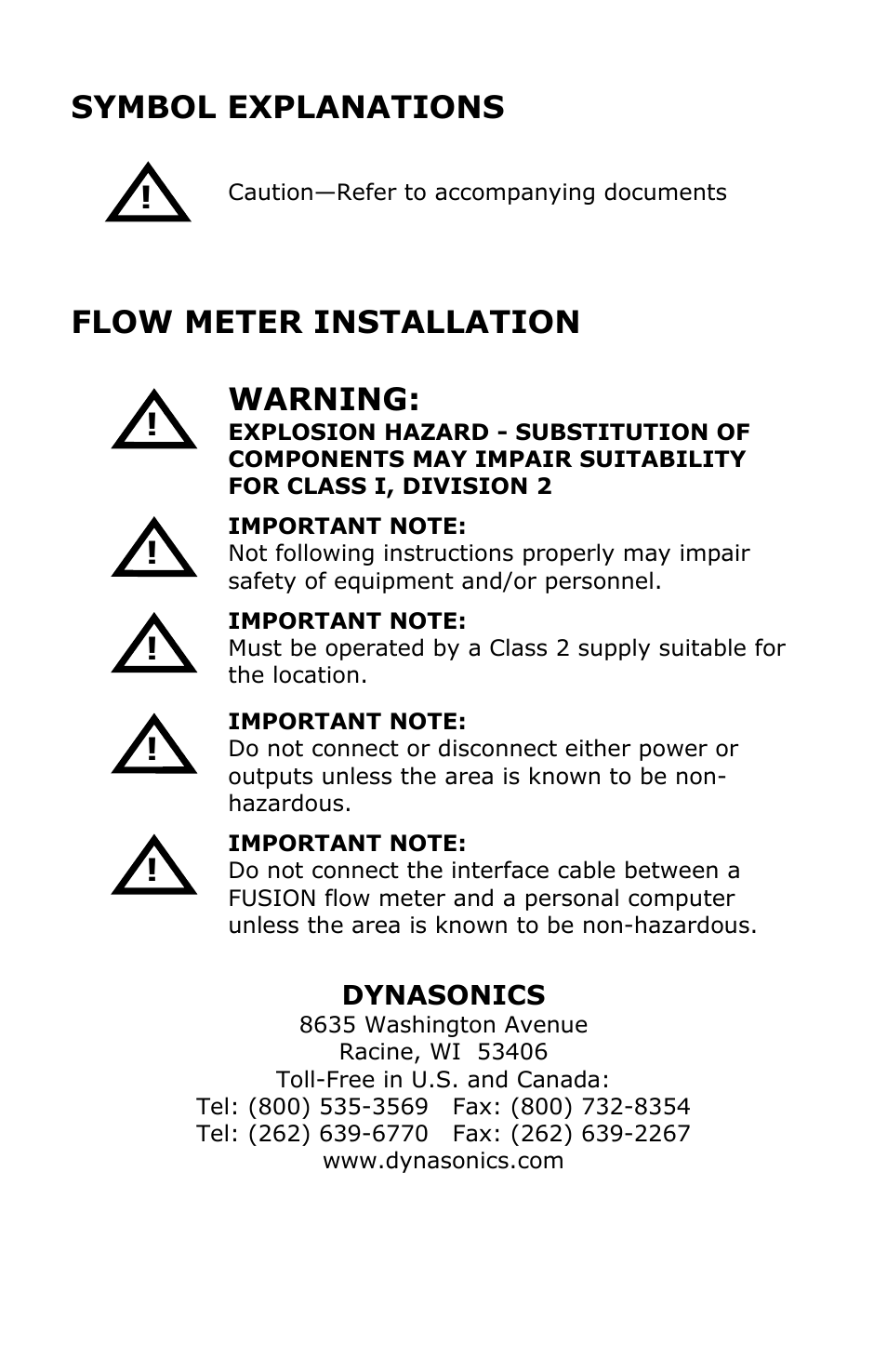 Symbol explanations flow meter installation, Warning | Dynasonics Fusion Water Flow Meter User Manual | Page 43 / 48