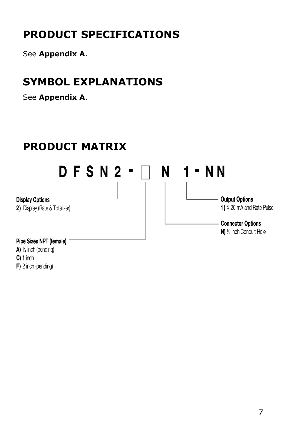 Product specifications, Symbol explanations, Product matrix | Dynasonics Fusion Water Flow Meter User Manual | Page 7 / 48