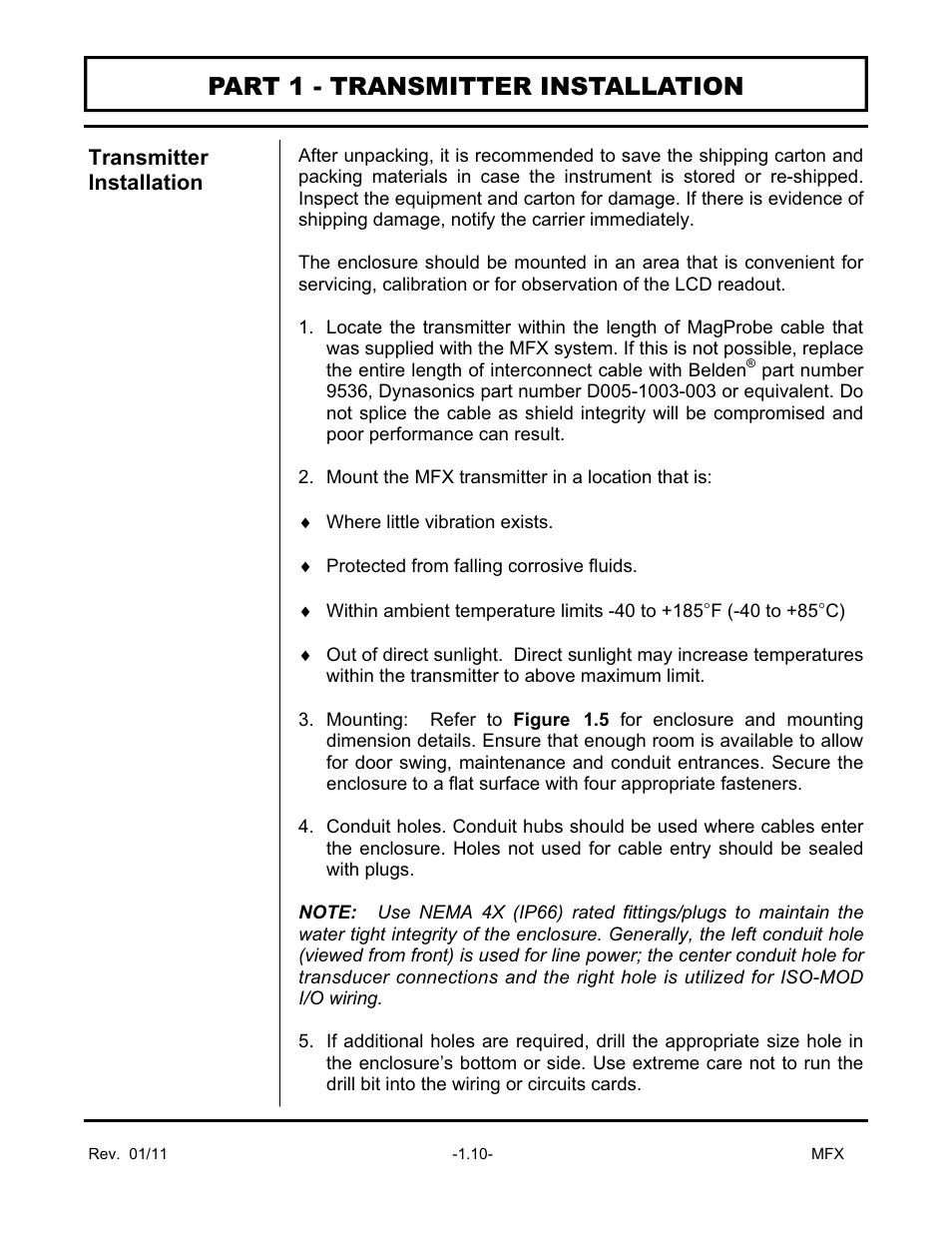 Part 1 - transmitter installation | Dynasonics MFX Series Insertion MagProbe Flow Meter User Manual | Page 12 / 88