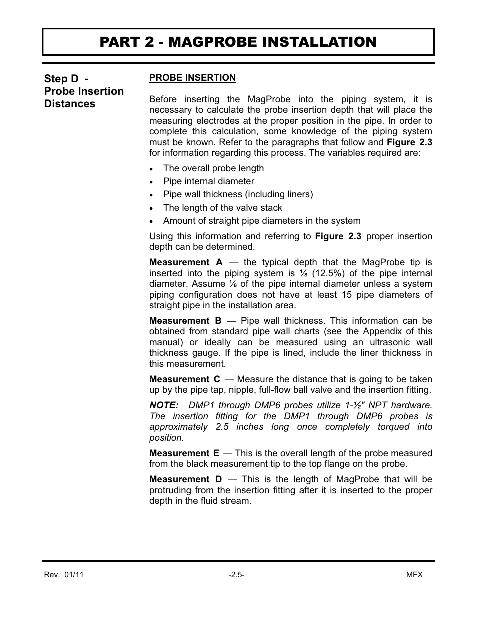 Part 2 - magprobe installation, Step d - probe insertion distances | Dynasonics MFX Series Insertion MagProbe Flow Meter User Manual | Page 30 / 88