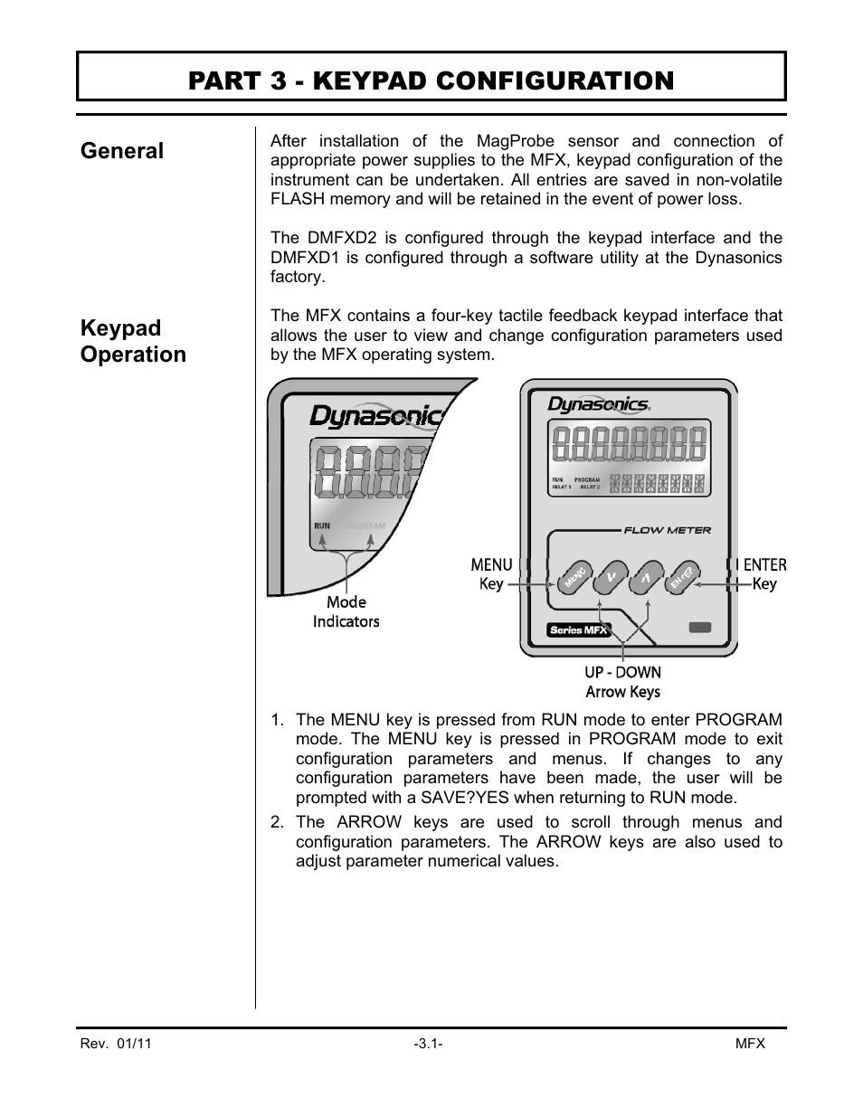 Part 3 - keypad configuration, General keypad operation | Dynasonics MFX Series Insertion MagProbe Flow Meter User Manual | Page 35 / 88