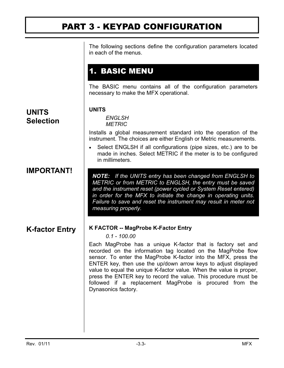 Part 3 - keypad configuration, Basic menu units selection, Important! k-factor entry | Dynasonics MFX Series Insertion MagProbe Flow Meter User Manual | Page 37 / 88