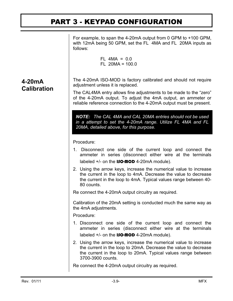 Part 3 - keypad configuration, 20ma calibration | Dynasonics MFX Series Insertion MagProbe Flow Meter User Manual | Page 43 / 88