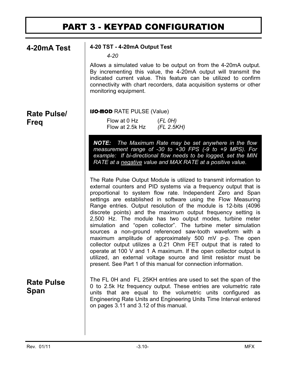 Part 3 - keypad configuration, 20ma test, Rate pulse/ freq rate pulse span | Dynasonics MFX Series Insertion MagProbe Flow Meter User Manual | Page 44 / 88