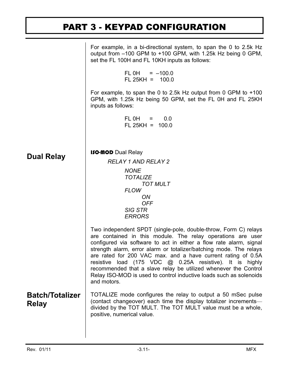 Part 3 - keypad configuration, Dual relay batch/totalizer relay | Dynasonics MFX Series Insertion MagProbe Flow Meter User Manual | Page 45 / 88