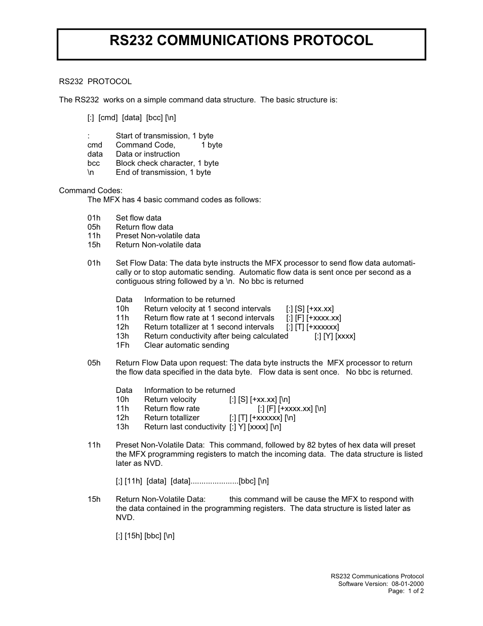 Rs232 communications protocol | Dynasonics MFX Series Insertion MagProbe Flow Meter User Manual | Page 76 / 88