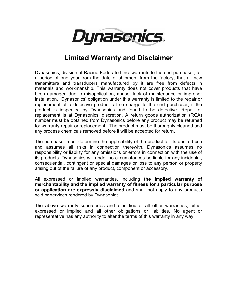 Limited warranty and disclaimer | Dynasonics MFX Series Insertion MagProbe Flow Meter User Manual | Page 84 / 88