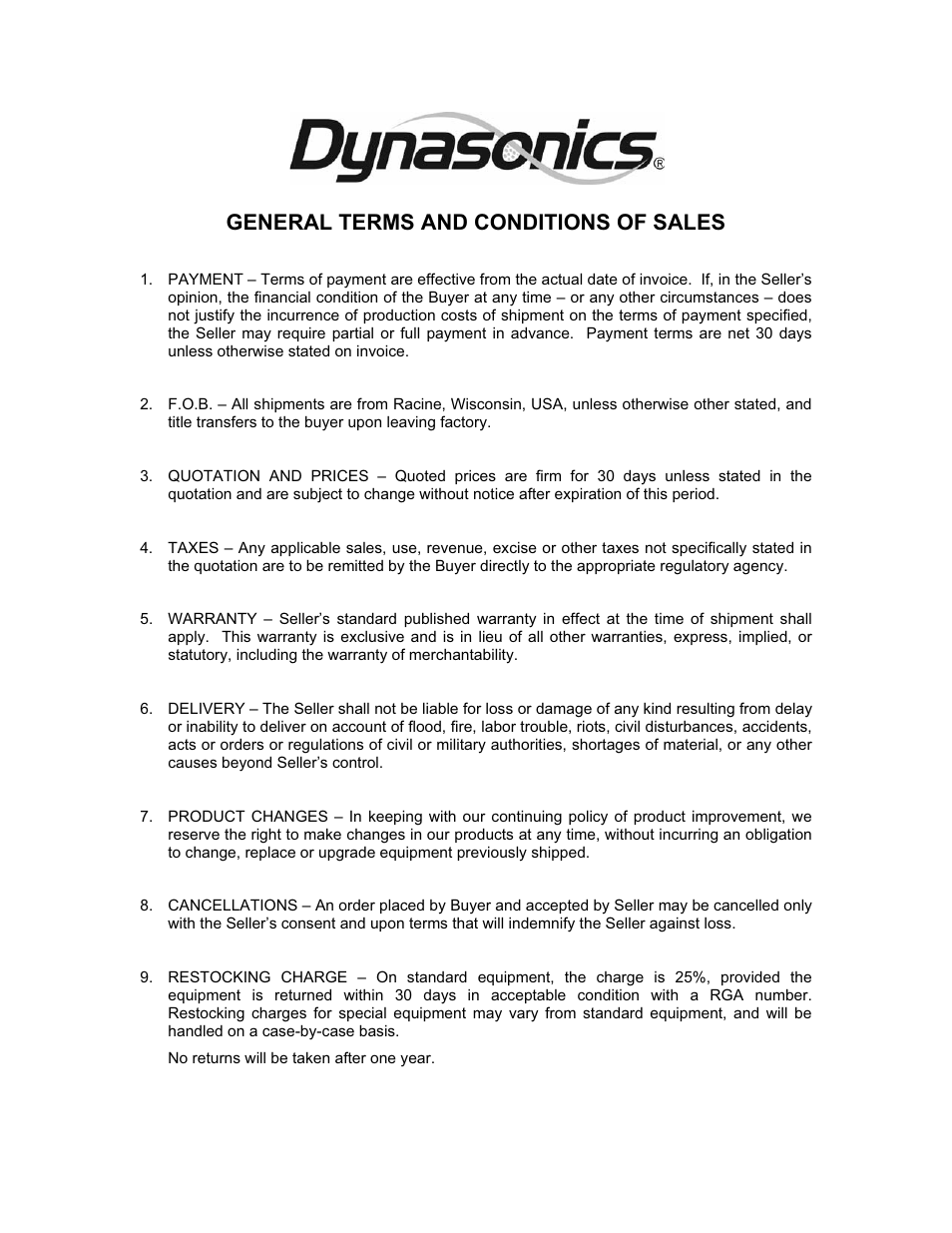 General terms and conditions of sales | Dynasonics MFX Series Insertion MagProbe Flow Meter User Manual | Page 85 / 88