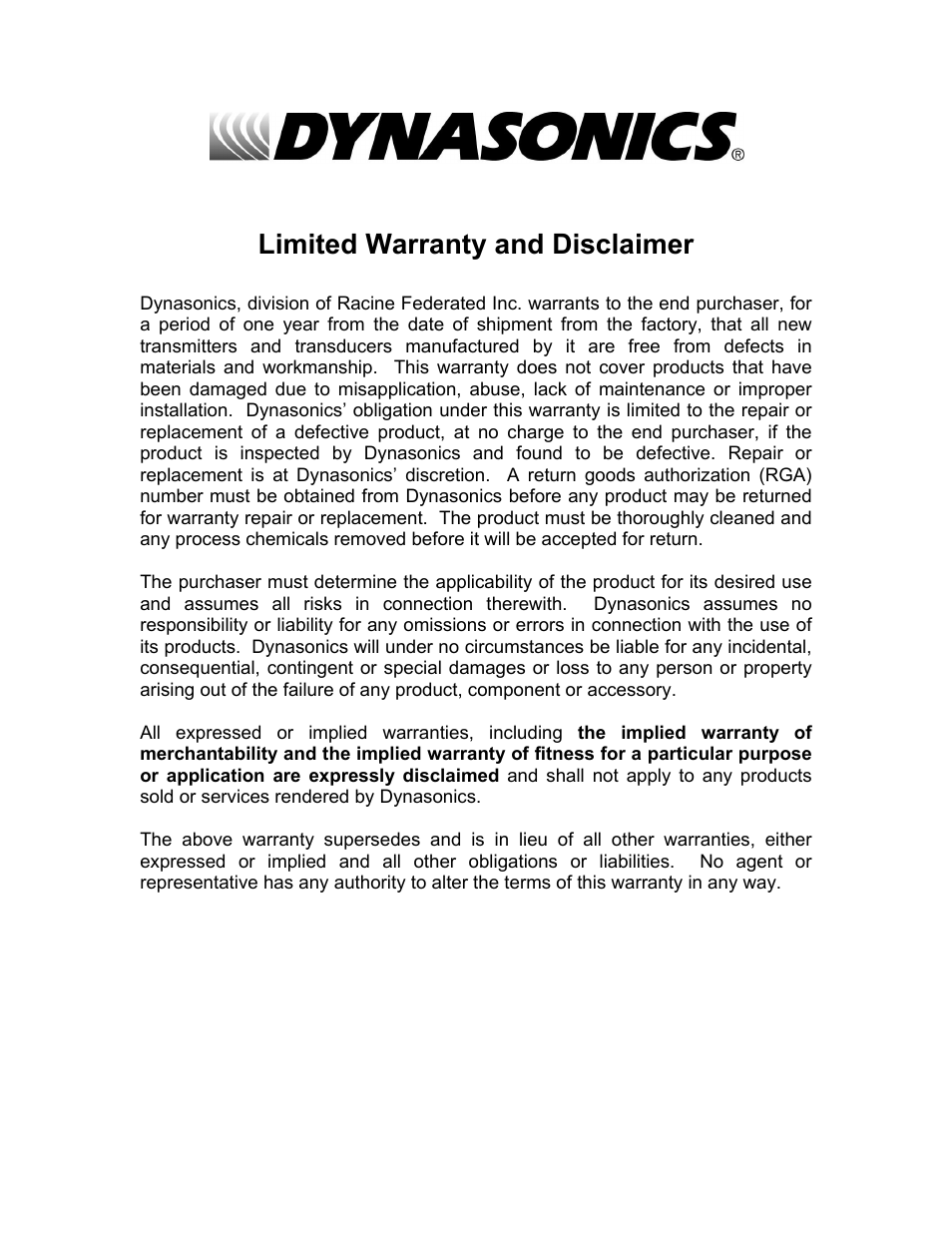 Limited warranty and disclaimer | Dynasonics TFXP Series Transit Time Ultrasonic Flow Meter User Manual | Page 129 / 132