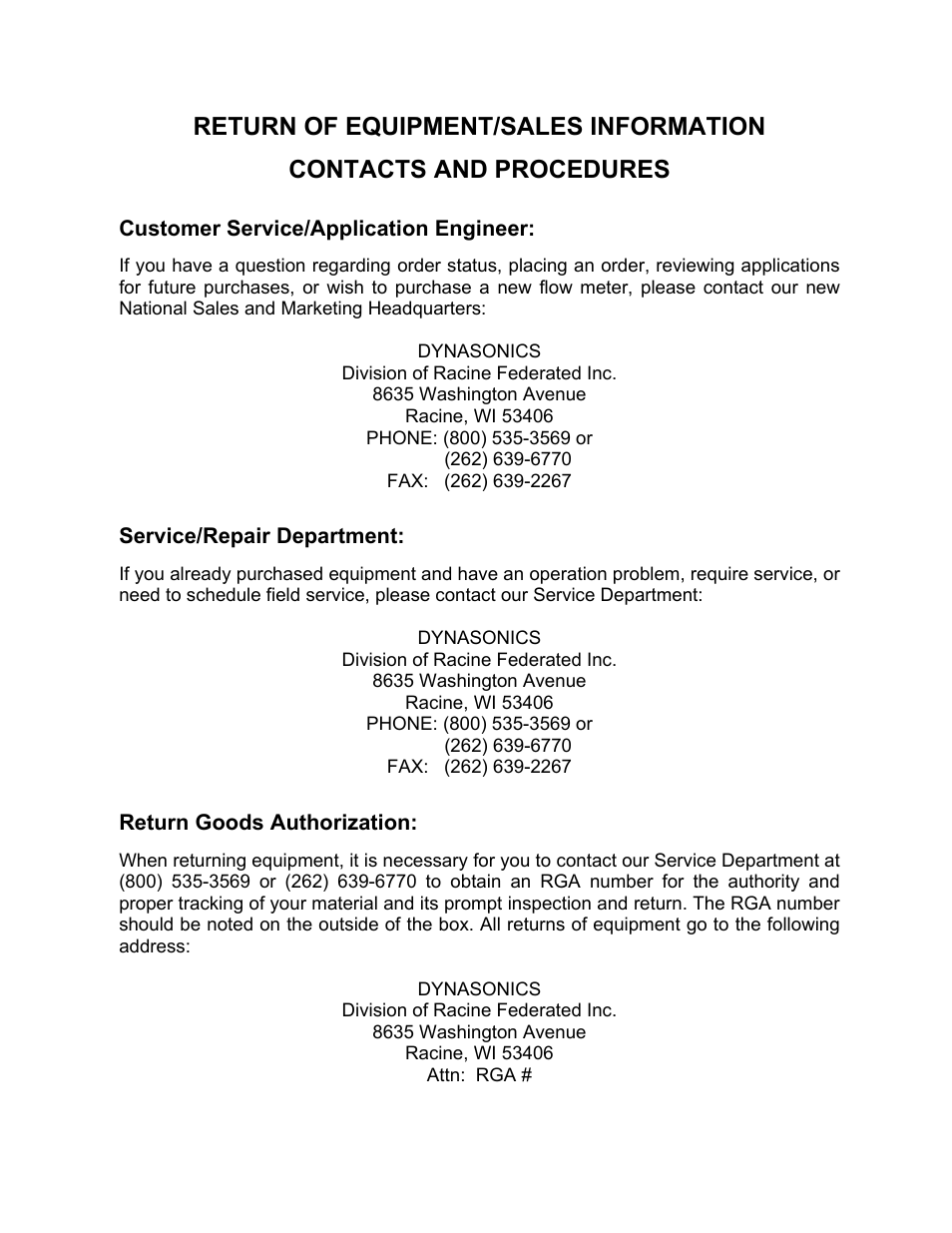 Return of equipment/sales information, Contacts and procedures | Dynasonics TFXP Series Transit Time Ultrasonic Flow Meter User Manual | Page 130 / 132