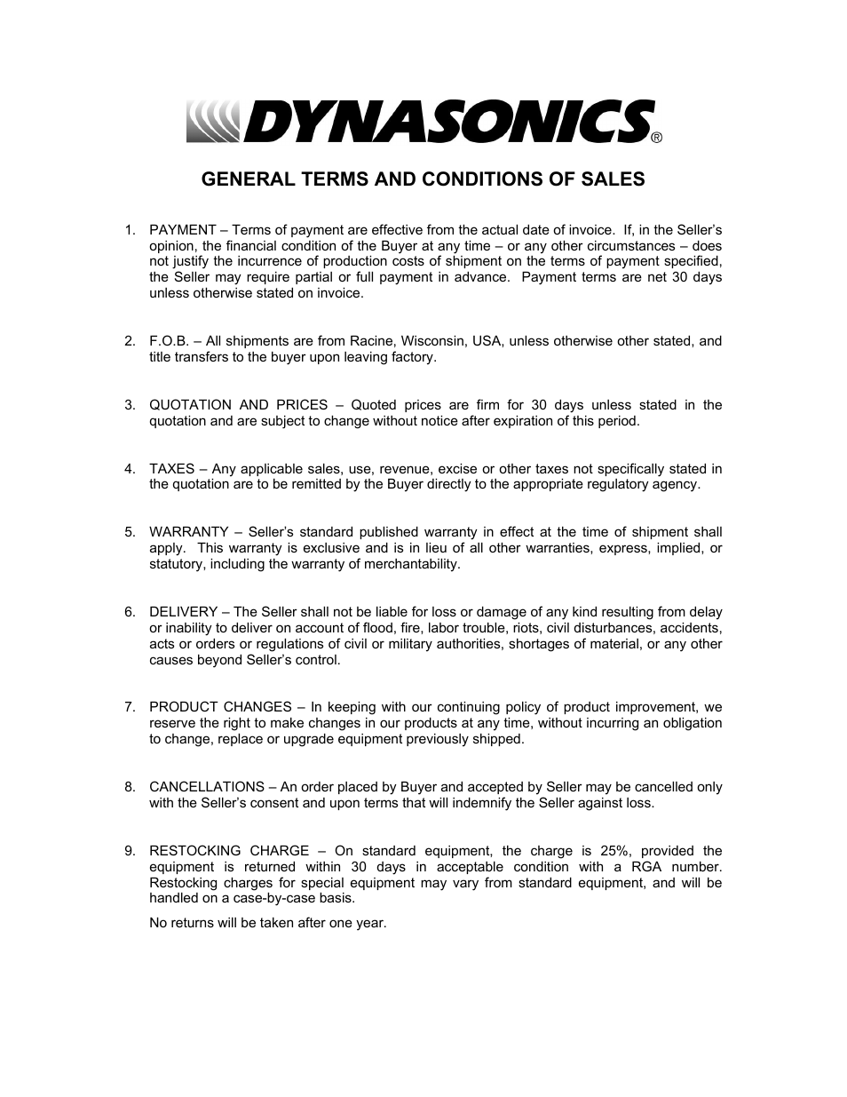 General terms and conditions of sales | Dynasonics TFXP Series Transit Time Ultrasonic Flow Meter User Manual | Page 131 / 132