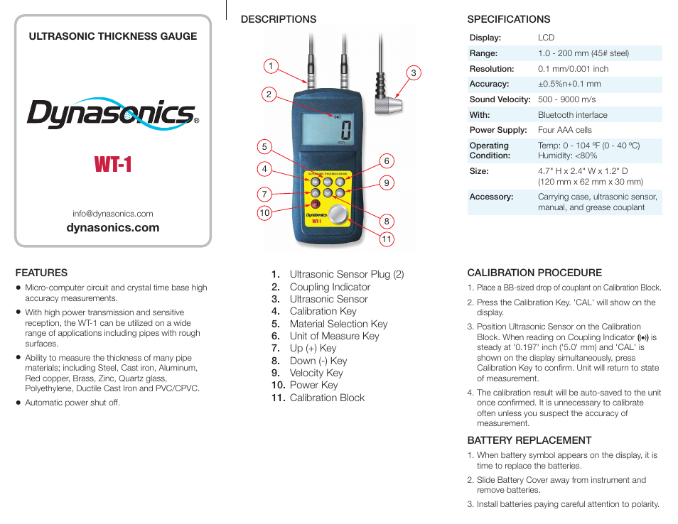 Dynasonics WT-1 ULTRASONIC THICKNESS GAUGE User Manual | 2 pages