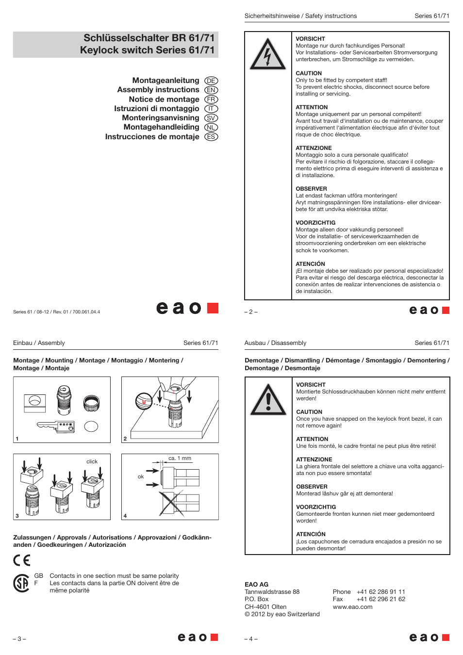 EAO Series 61_71 - Keylock switch User Manual | 1 page