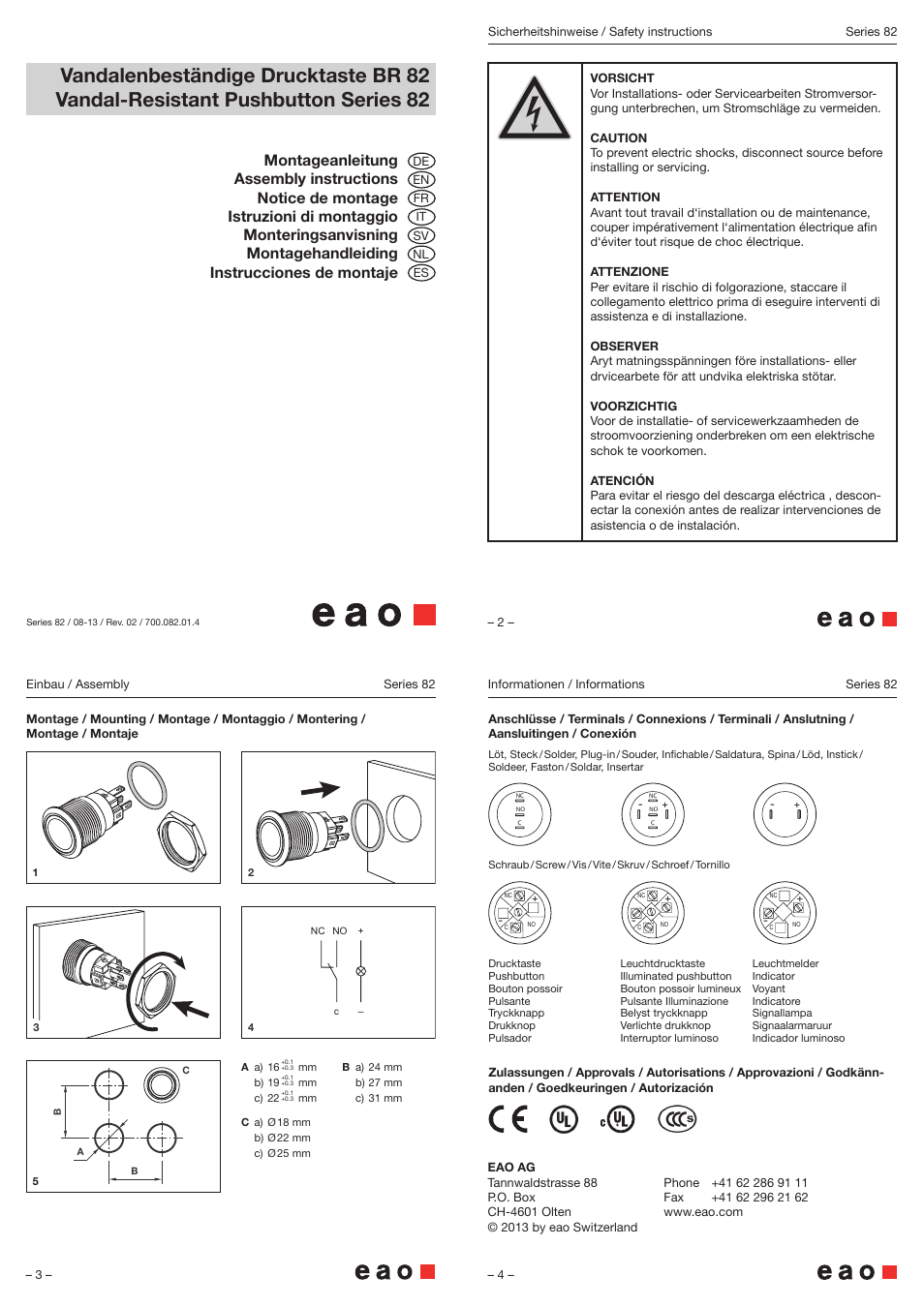 EAO Series 82 - Vandal-Resistant Pushbutton User Manual | 1 page