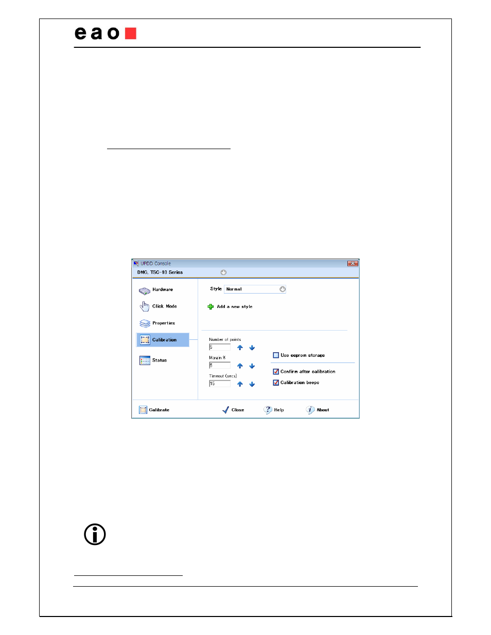 Touch screen interface, Driver installation, Calibration and general touch screen settings | Touch screen interface settings | EAO Configurable HMI Panel User Manual | Page 16 / 17