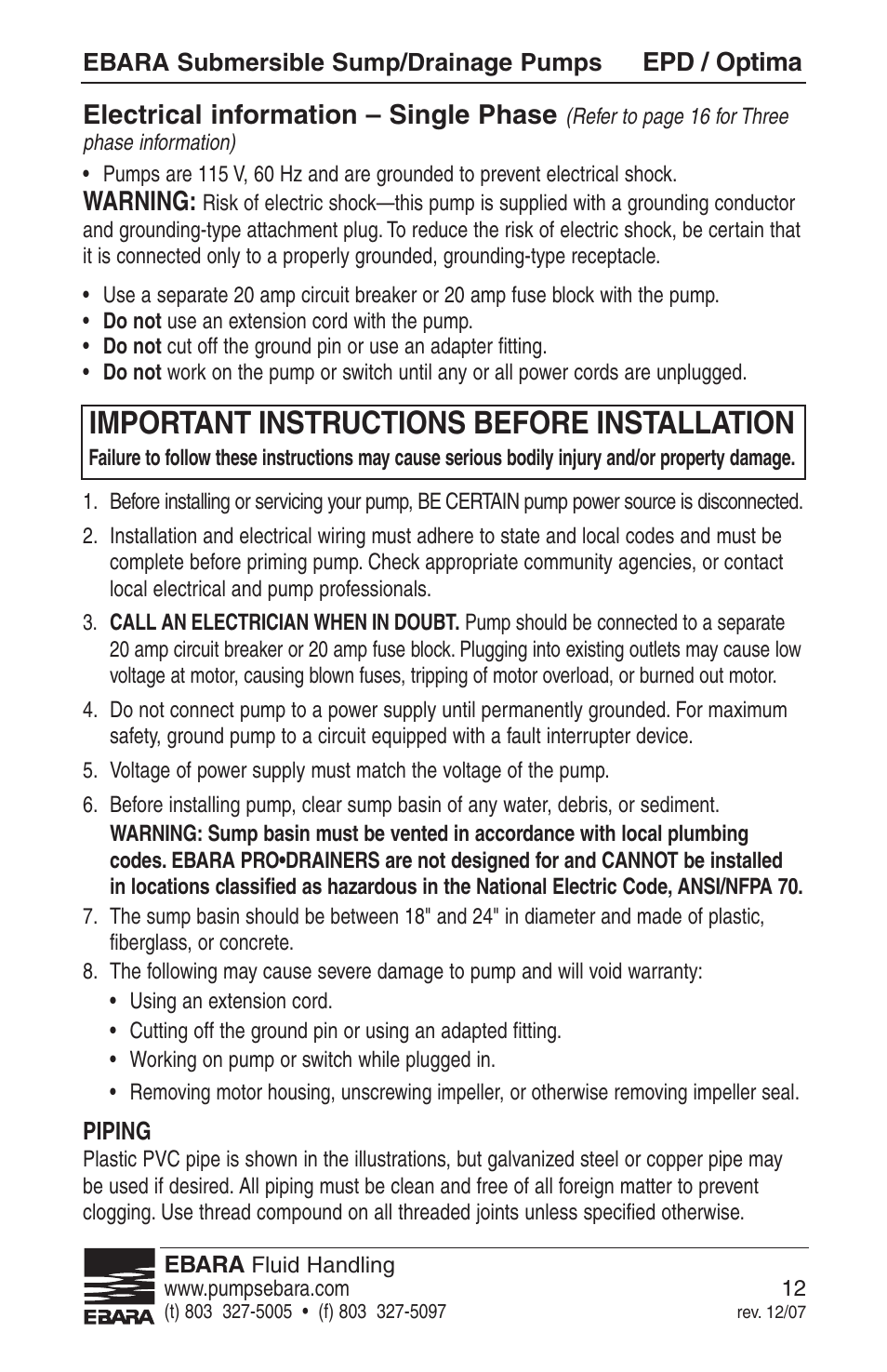 Important instructions before installation, Warning, Electrical information – single phase | EBARA EPD, Optima User Manual | Page 10 / 33