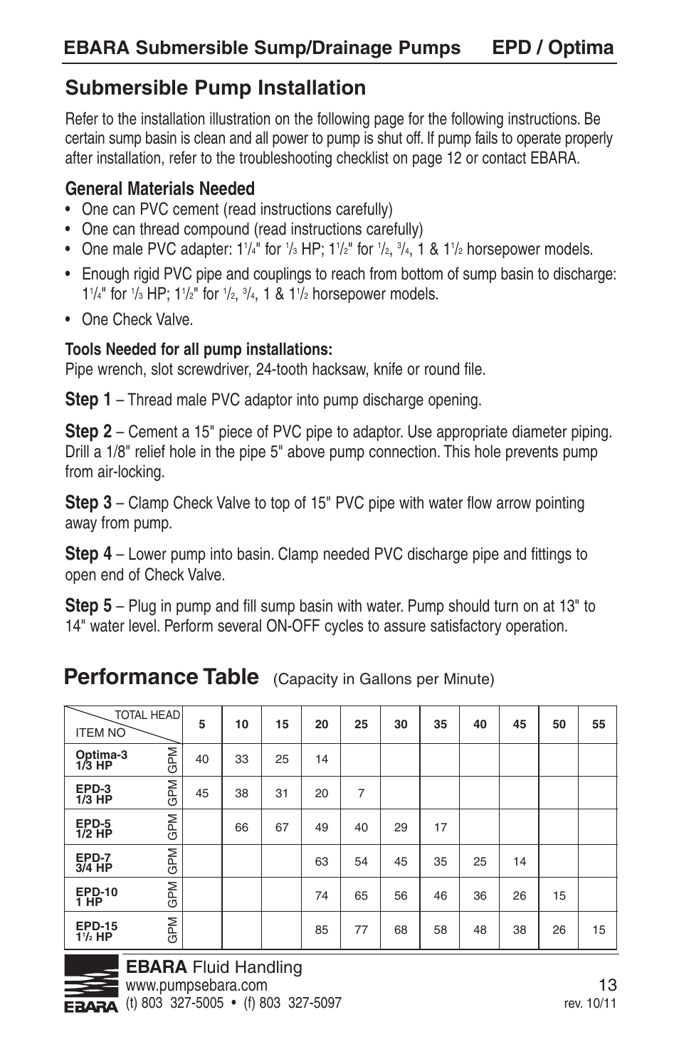 Performance table, Submersible pump installation, Epd / optima | Ebara submersible sump/drainage pumps, General materials needed, Step 1, Step 2, Step 3, Step 4, Step 5 | EBARA EPD, Optima User Manual | Page 11 / 33